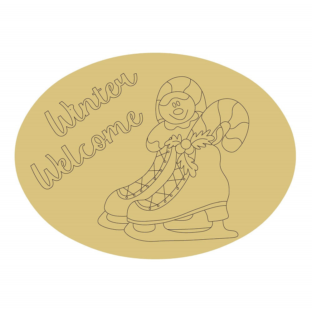 Design By Line Oval MDF Welcome Winter Cutout Ice Skates, Candy Cane and Ginger Bread Man - Unfinished For DIY