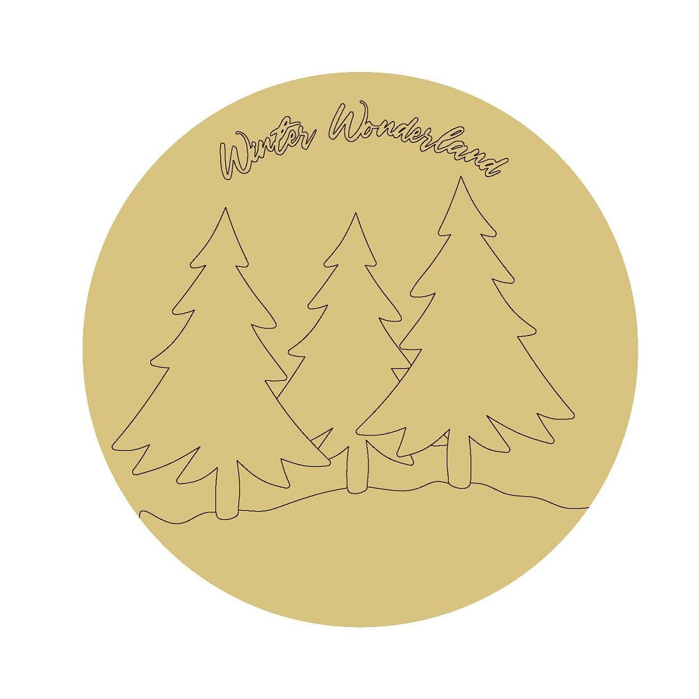 Design By Line Round MDF Cutout Winter Wonderland Three Trees On Hillside - Unfinished For DIY