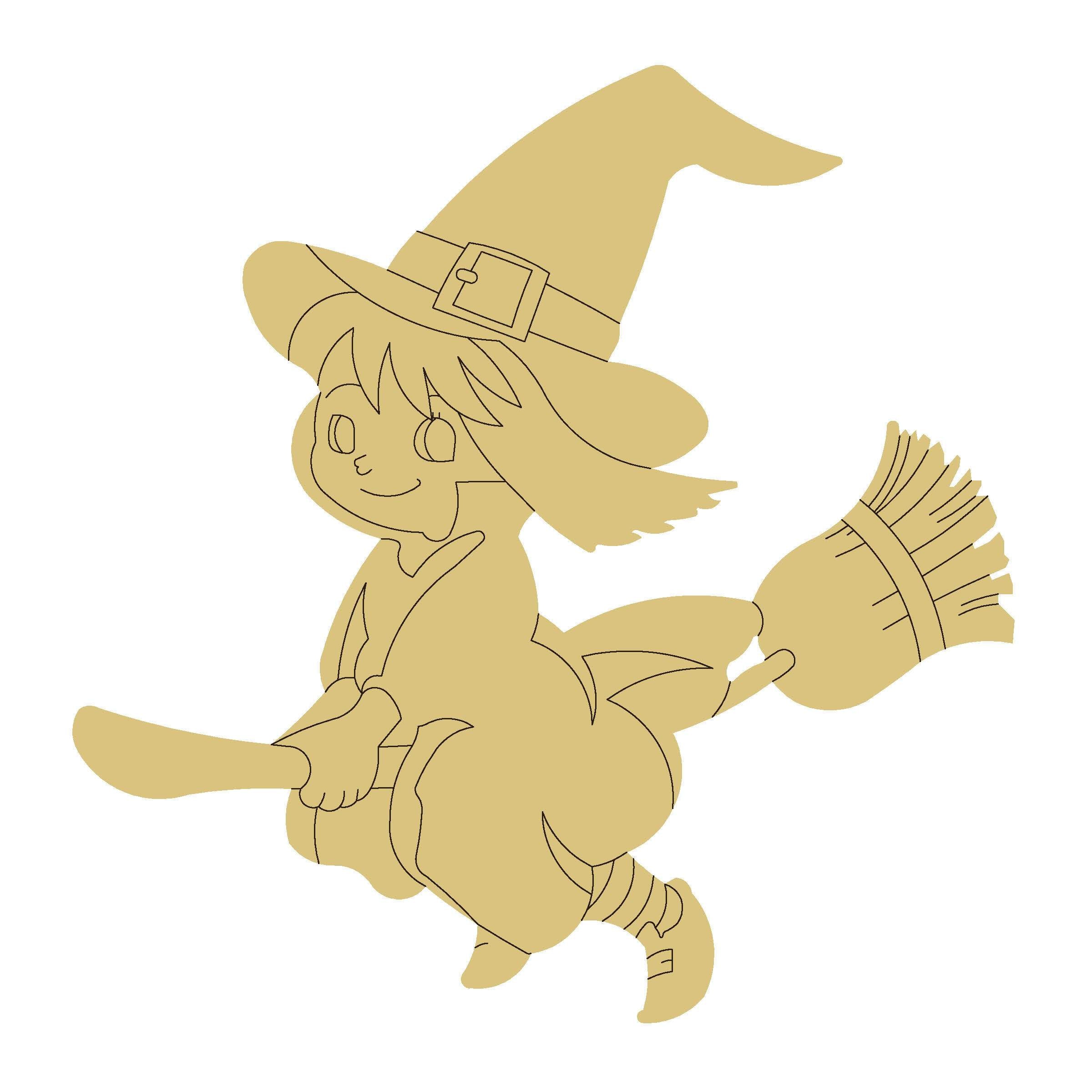 Design By Line Witch On Broom MDF Cutout Silhouette - Unfinished For DIY