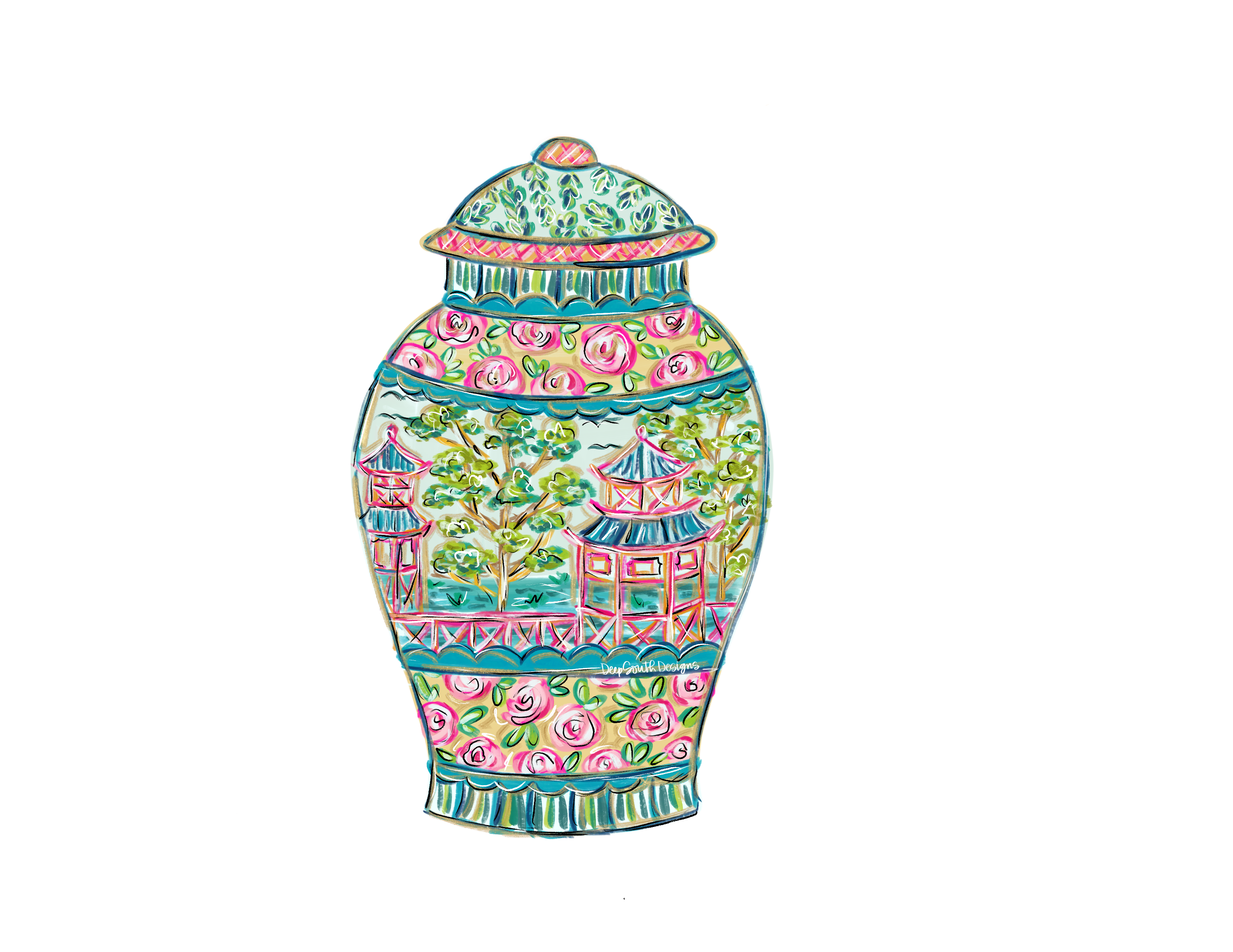 JOHNATHAN STEGALL COLORFUL GINGER JAR WITH FLORAL DETAILS