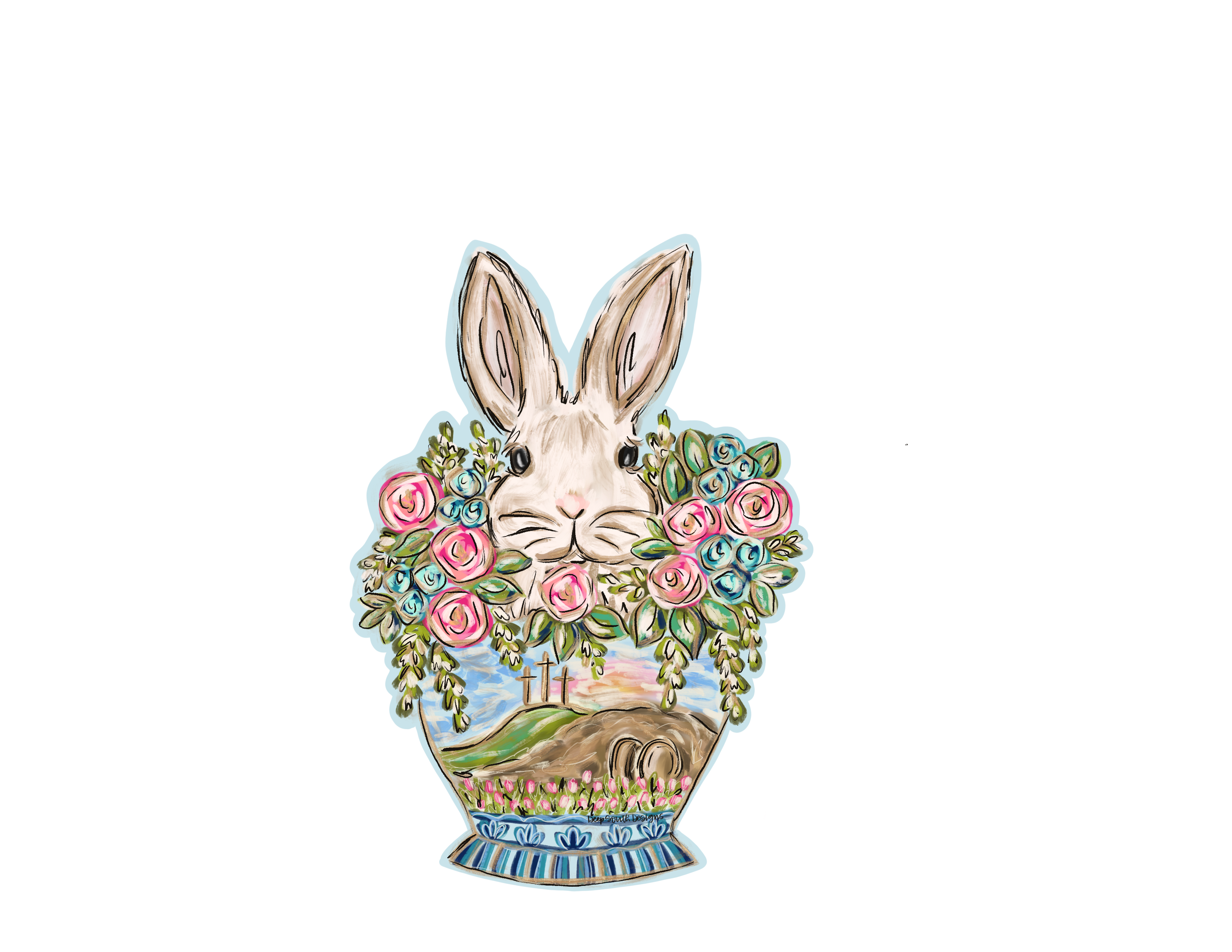 JOHNATHAN STEGALL FLORAL BUNNY WITH EASTER SCENE
