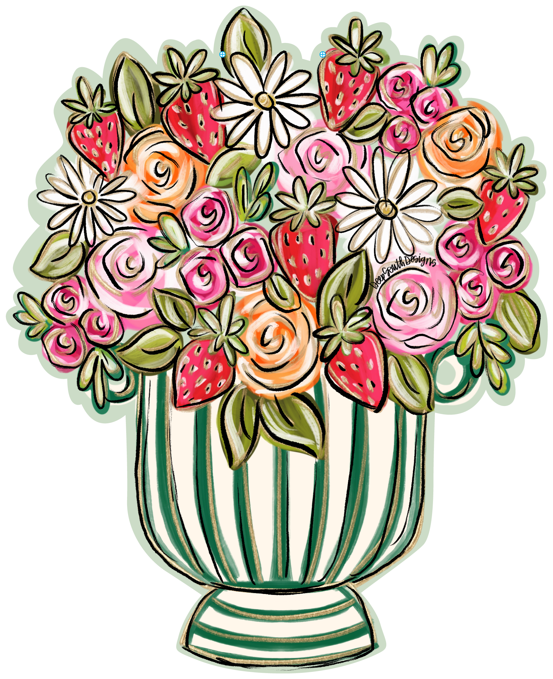 JOHNATHAN STEGALL GREEN STRIPE VASE WITH FLOWERS AND STAWBERRIES
