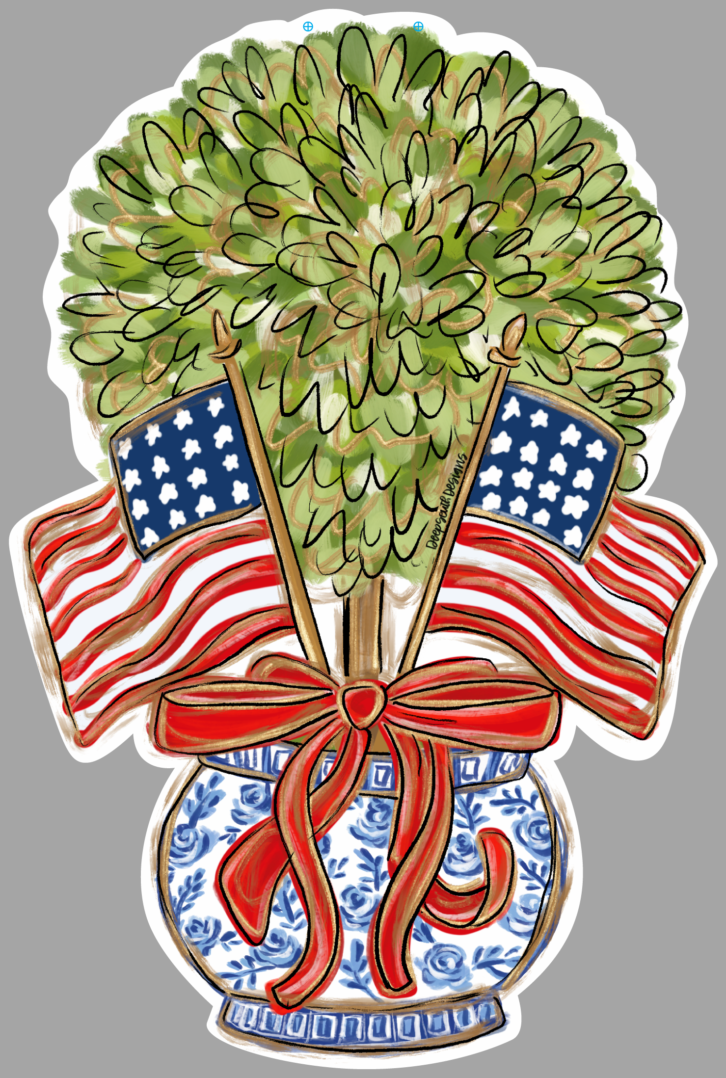 JOHNATHAN STEGALL BLUE WHITE VASE WITH GREEN PLANT AND USA FLAGS