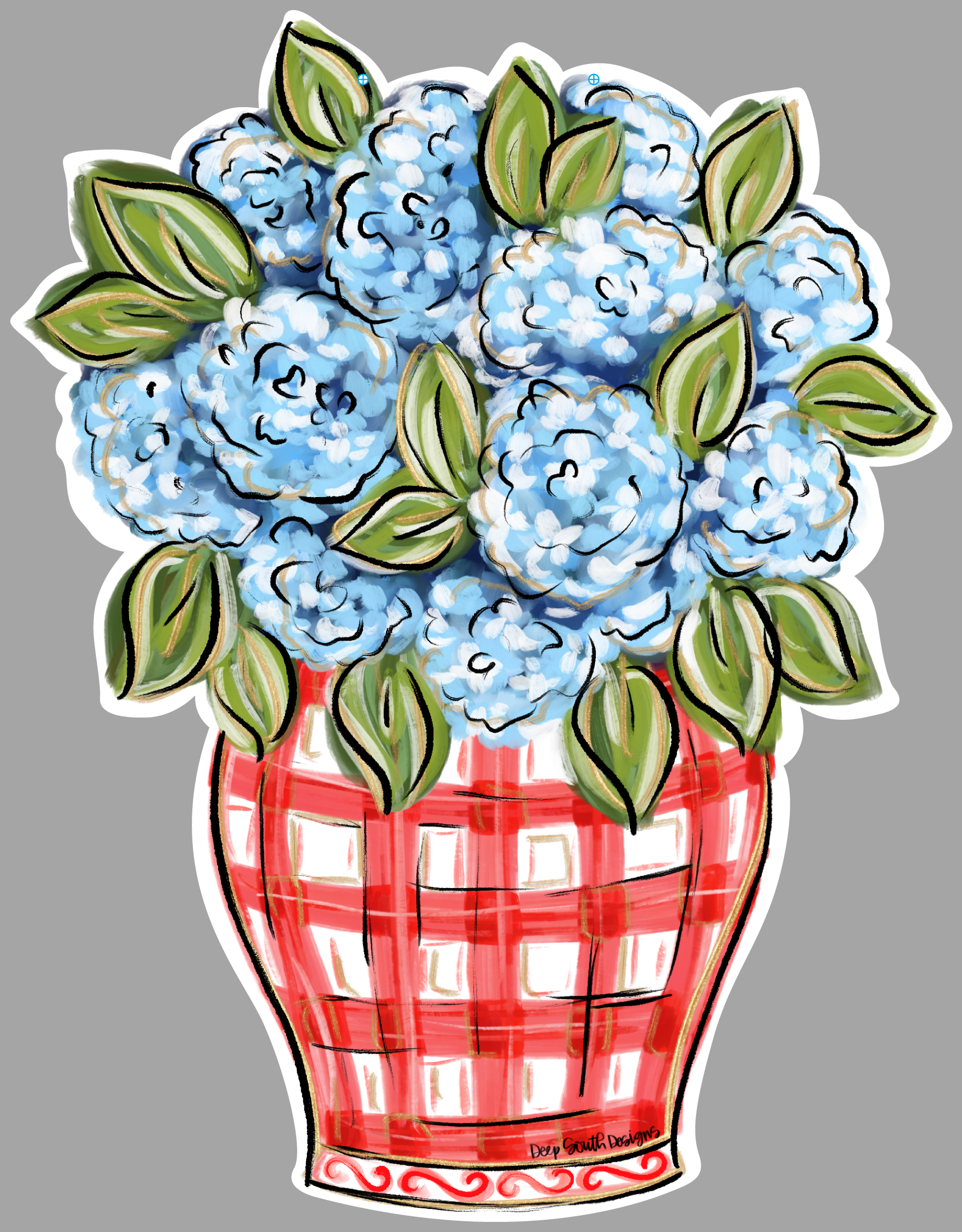 JOHNATHAN STEGALL RED WHITE VASE WITH BLUE FLOWERS