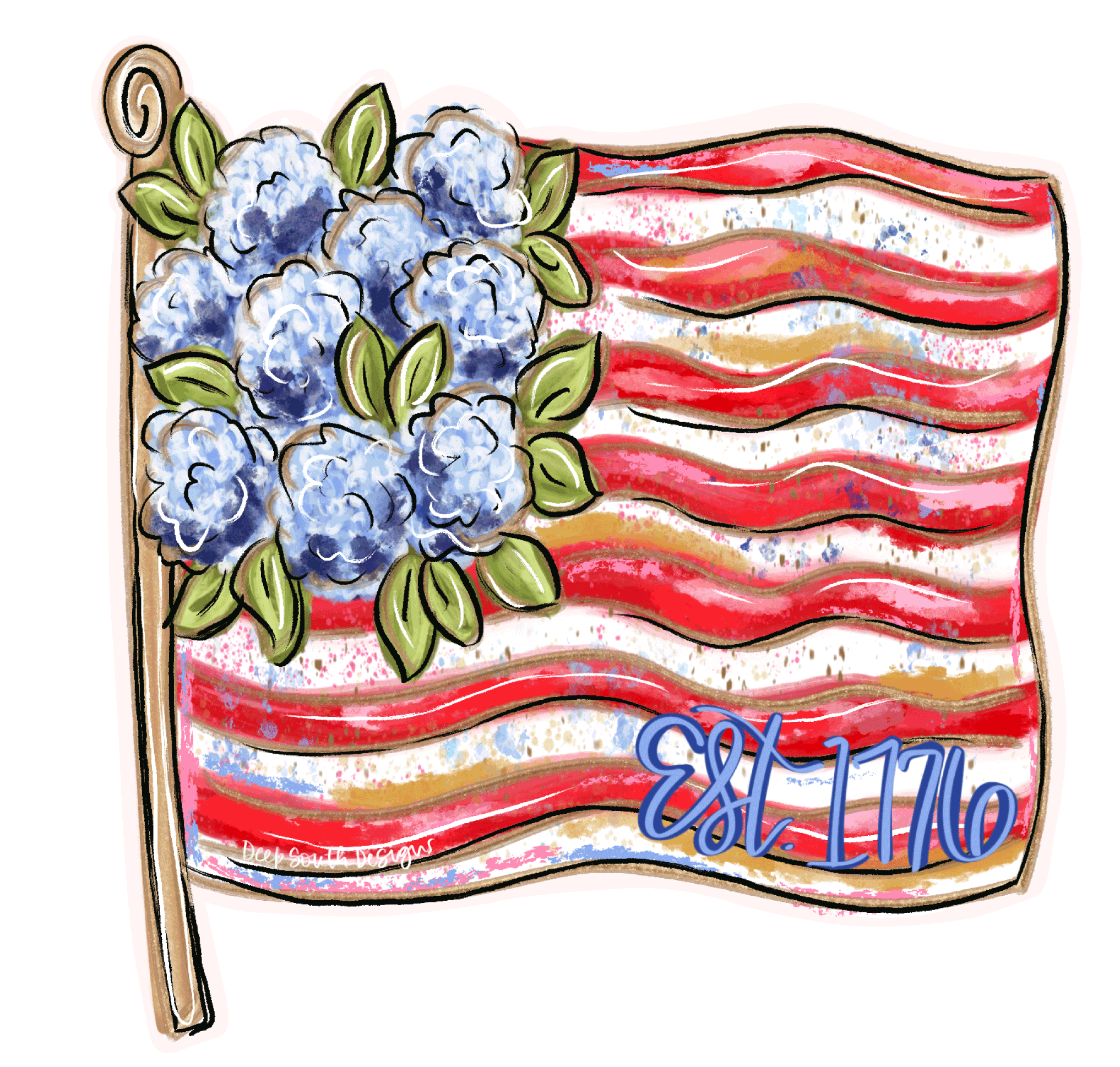 JOHNATHAN STEGALL AMERICAN FLAG WITH BLUE FLOWERS