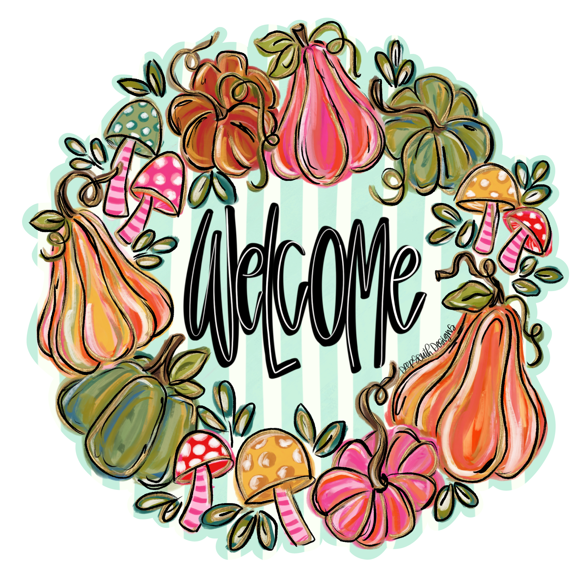JOHNATHAN STEGALL ROUND COLORFUL PUMPKINS, MUSHROOMS AND VINES WITH WELCOME