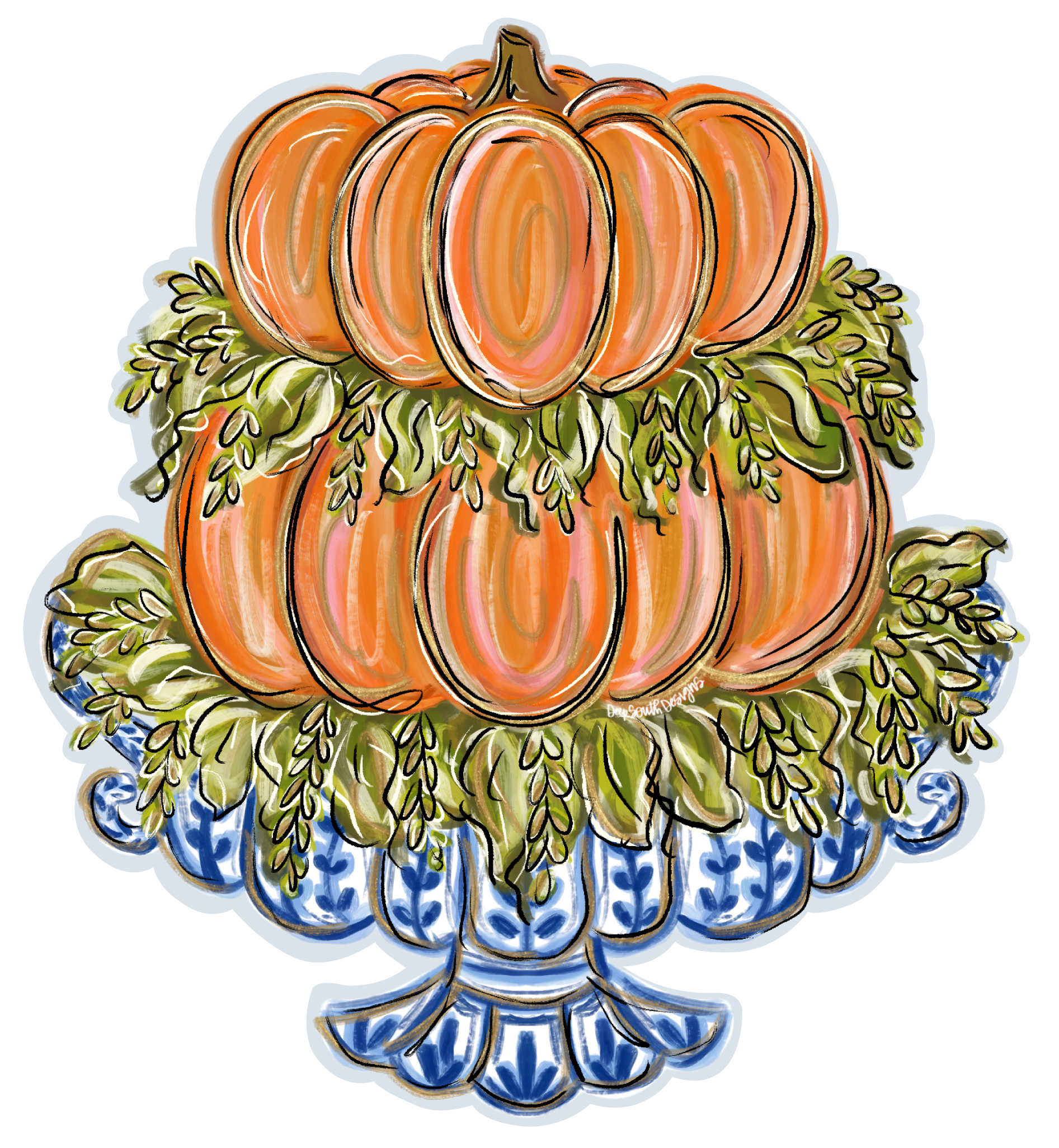JOHNATHAN STEGALL ORANGE PUMPKIN ON  A DECORATIVE PLANTER