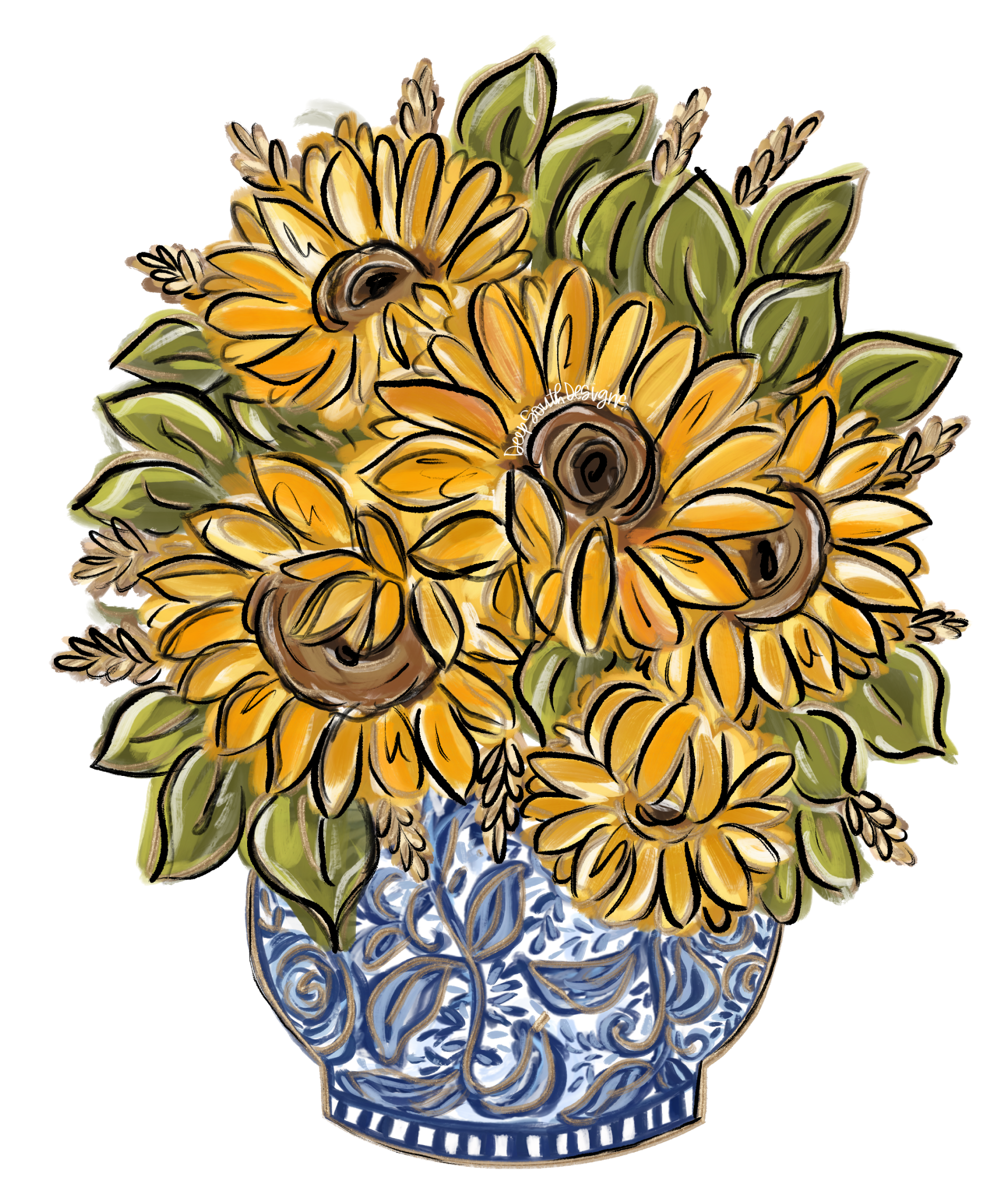 JOHNATHAN STEGALL SUNFLOWER IN BLUE AND WHITE VASE