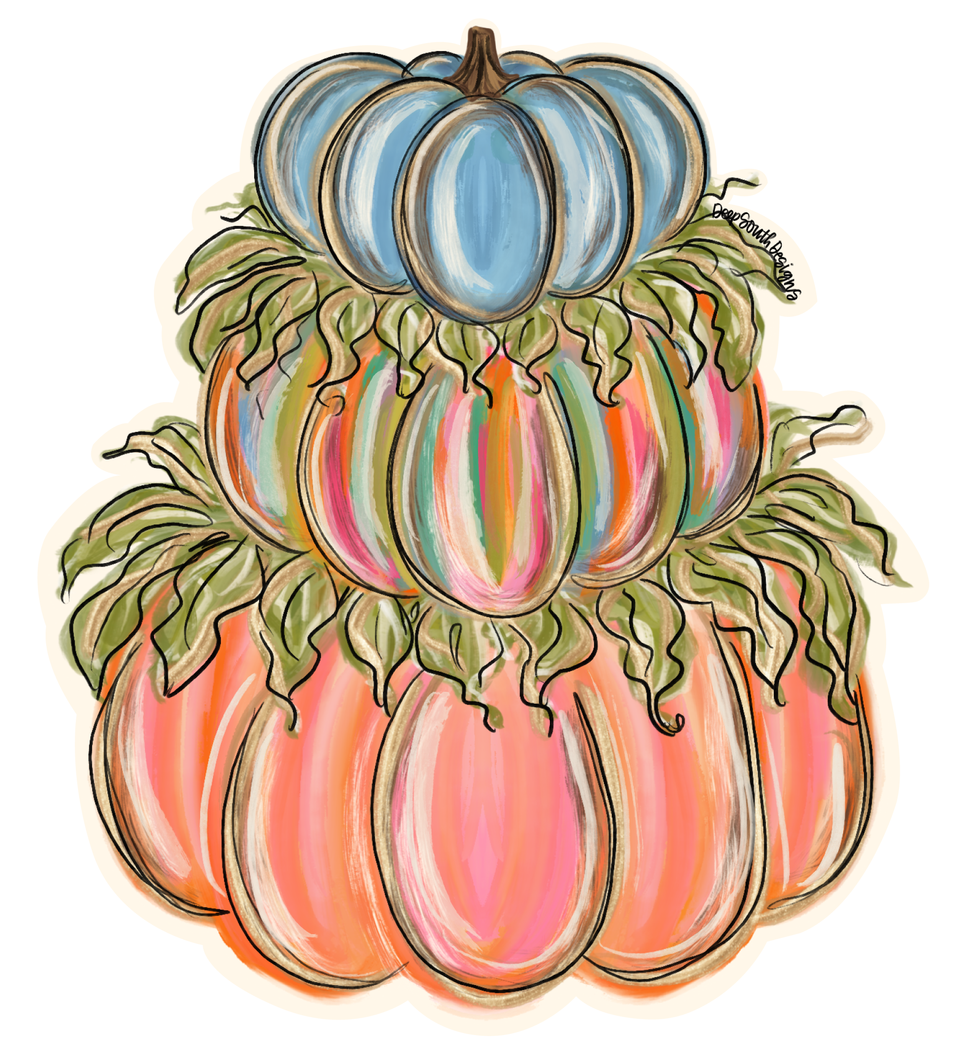 JOHNATHAN STEGALL 3 PUMPKINS STACKED ONTOP OF EACH OTHER  BLUE ORANGISH PINK