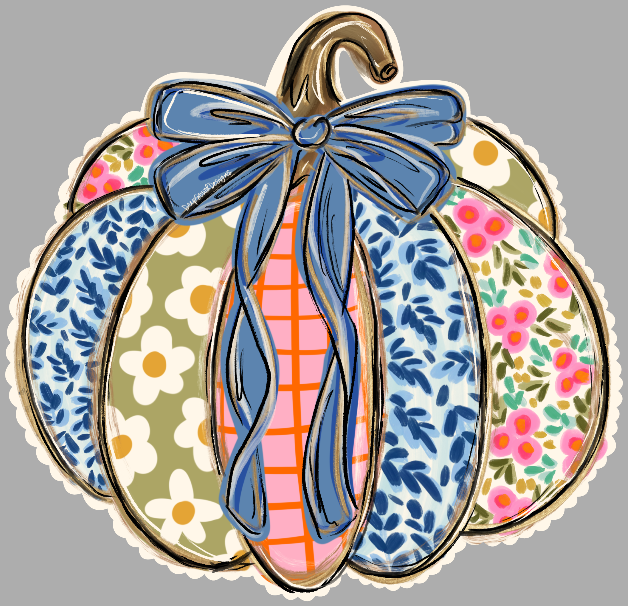 JOHNATHAN STEGALL COLORFUL PUMPKIN BLUE PINK WHITE WITH BLUE BOW