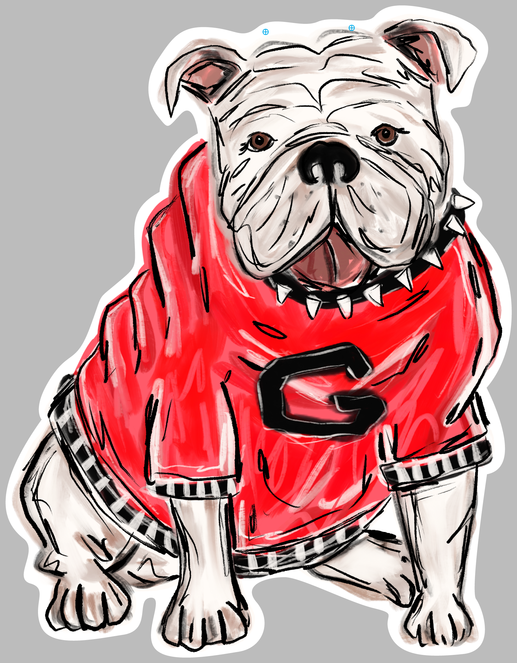 JOHNATHAN STEGALL WHITE BULLDOG SITTING WITH RED SHIRT BLACK LETTER G