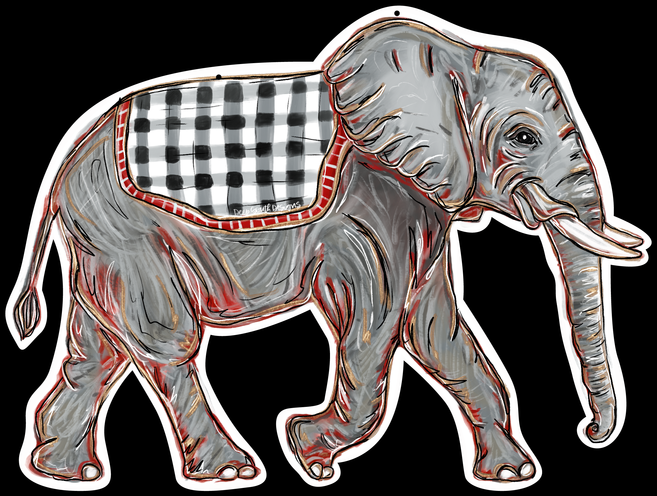 JOHNATHAN STEGALL  ELEPHANT WITH BLACK AND WHITE PLAID BLANKET ON BACK