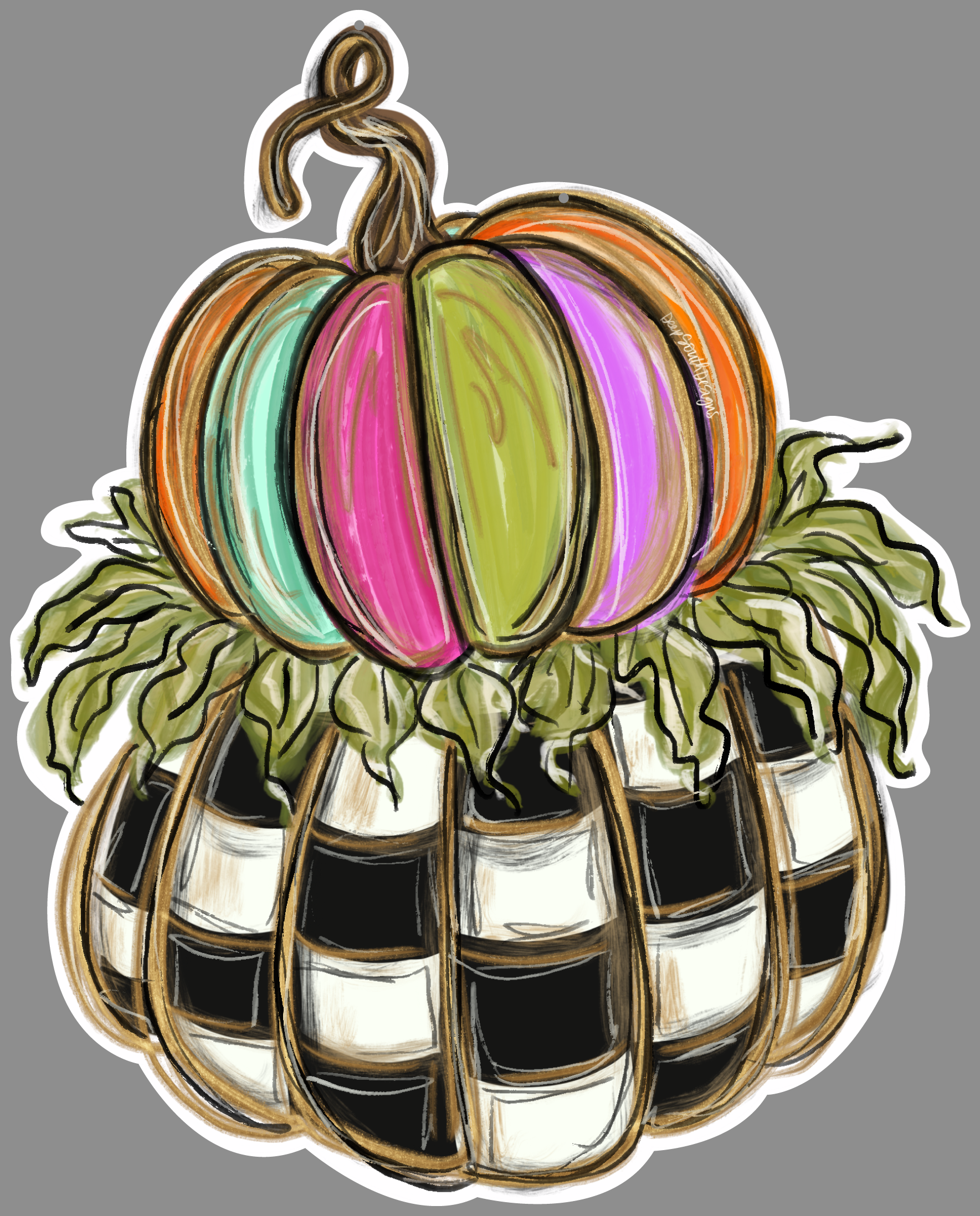 JOHNATHAN STEGALL COLORFUL PUMPKIN IN A BLACK AND WHITE BASKET