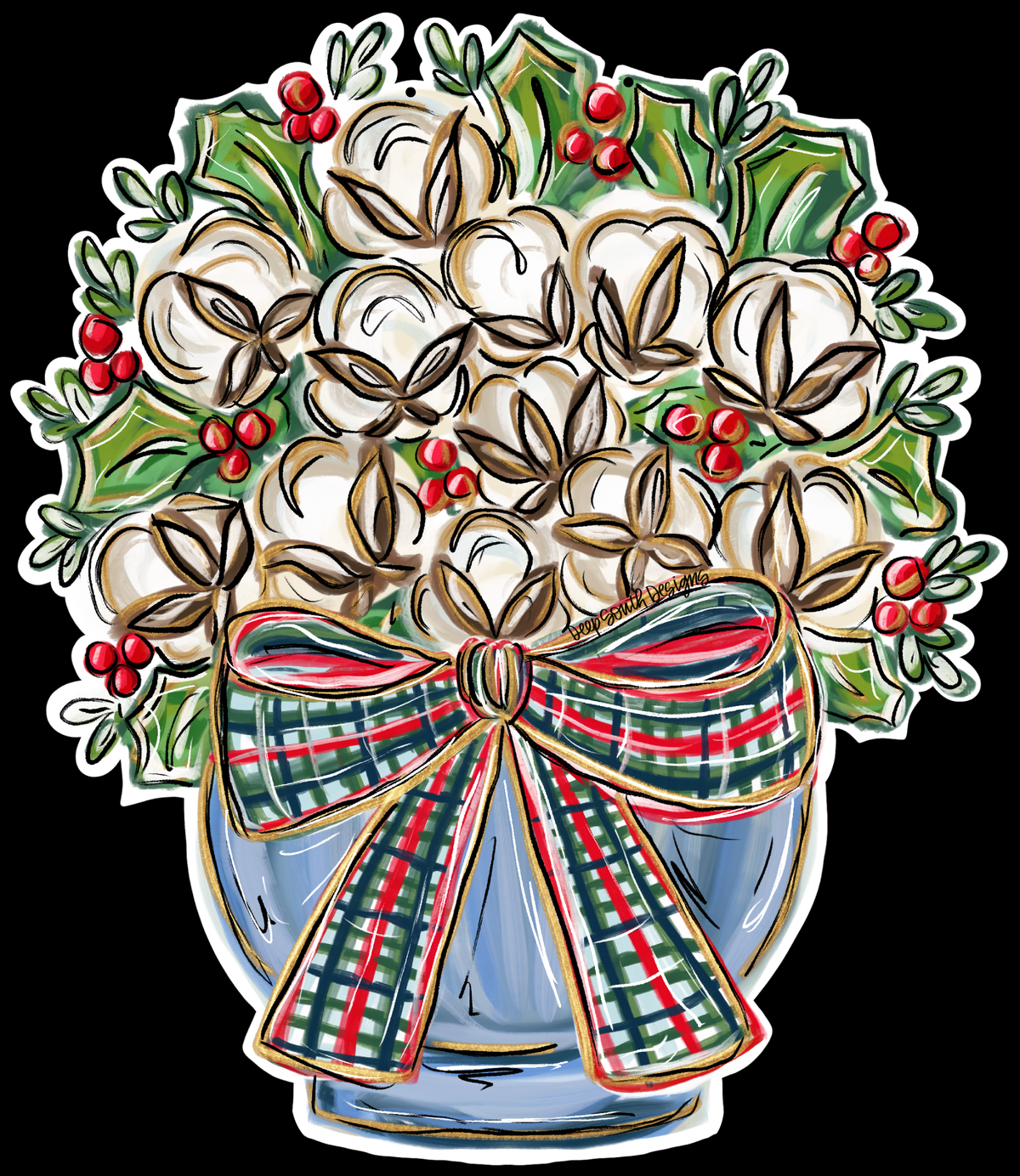 JOHNATHAN STEGALL HOLY PLANT IN BLUE VASE  RED AND GREEN BOW