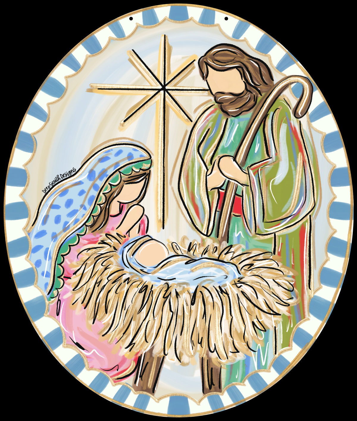 JOHNATHAN STEGALL OVAL BLUE AND WHITE NATIVITY SCENE