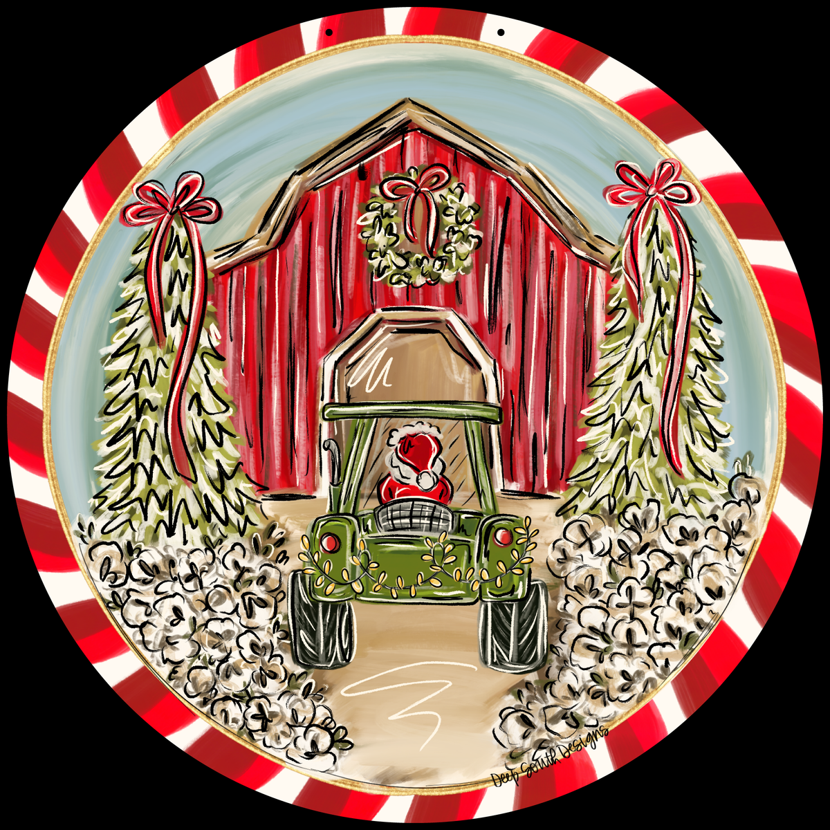 JOHNATHAN STEGALL SANTA ON A TRACTOR WITH A RED BARN RED WHITE