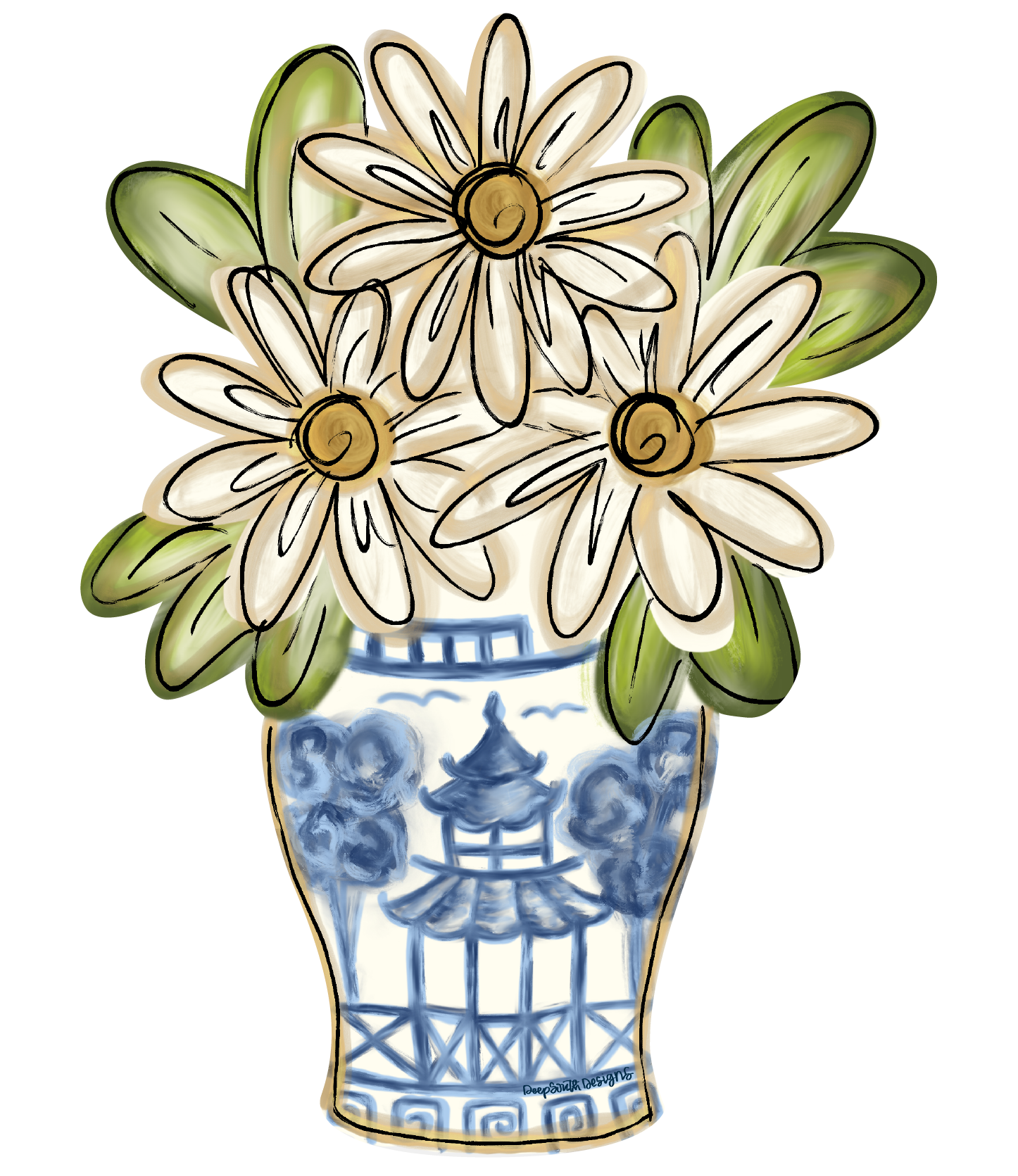 JOHNATHAN STEGALL GINGER JAR WITH WHITE FLOWERS