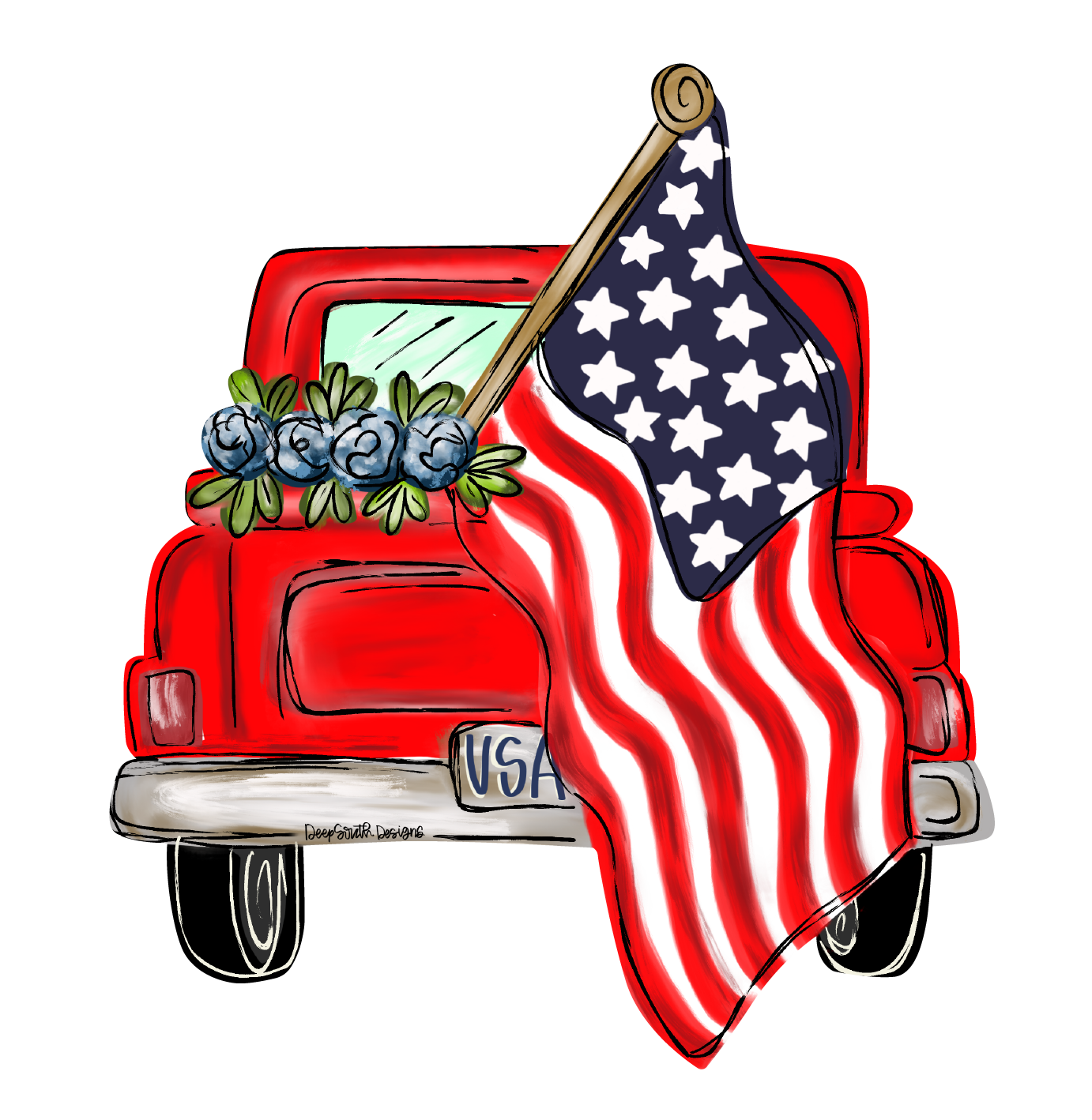 JOHNATHAN STEGALL RED TRUCK WITH AMERICAN FLAG