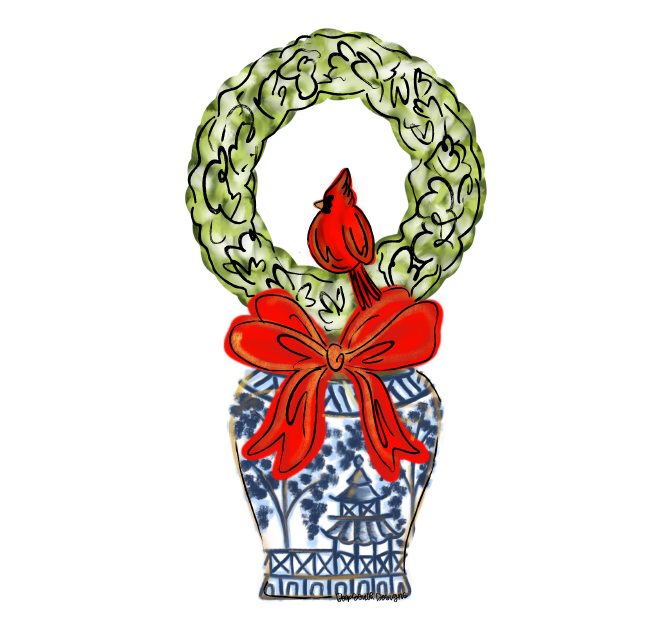JOHNATHAN STEGALL RED BIRD AND WREATH ON GINGER JAR