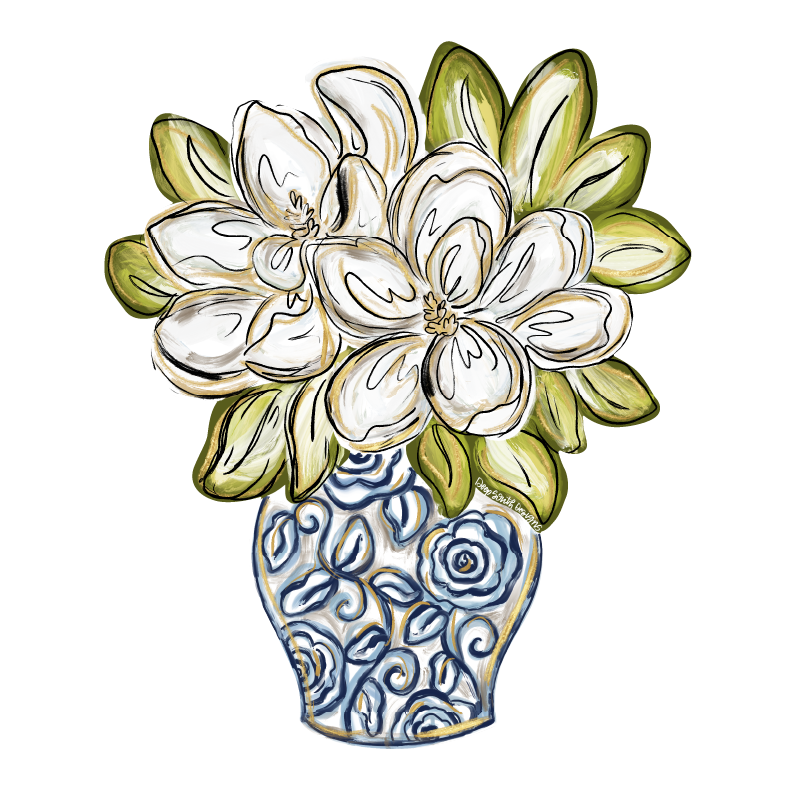JOHNATHAN STEGALL BLUE GINGER JAR VASE WITH MAGNOLIA