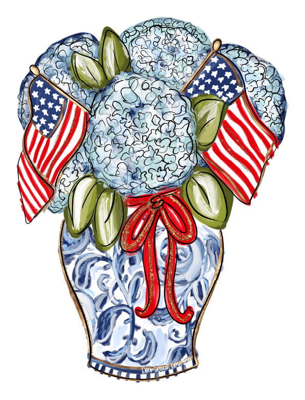JOHNATHAN STEGALL FLOWERS IN VASE WITH AMERICAN FLAGS