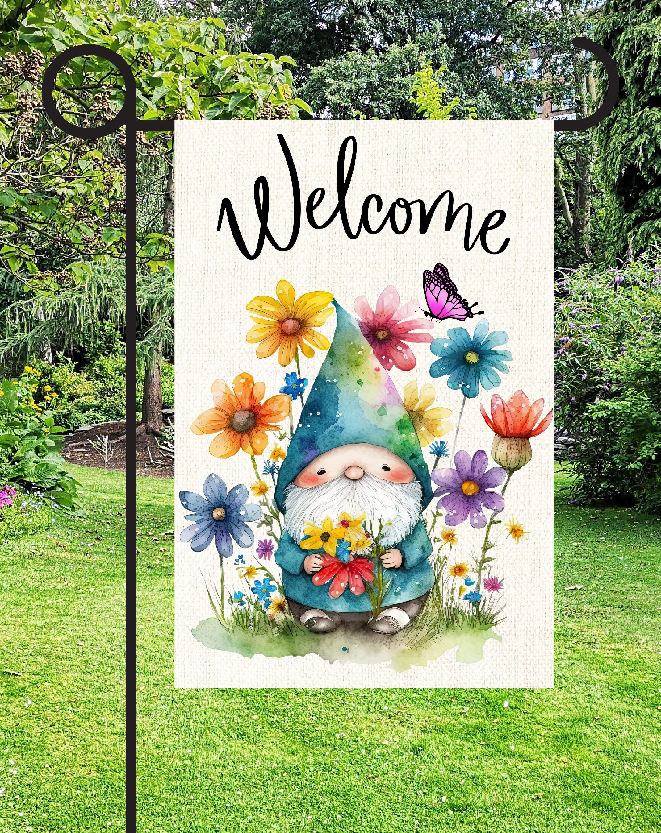 Spring Gnome Print Shop Garden Flag  - UV Printed For Outdoor Yard Decor
