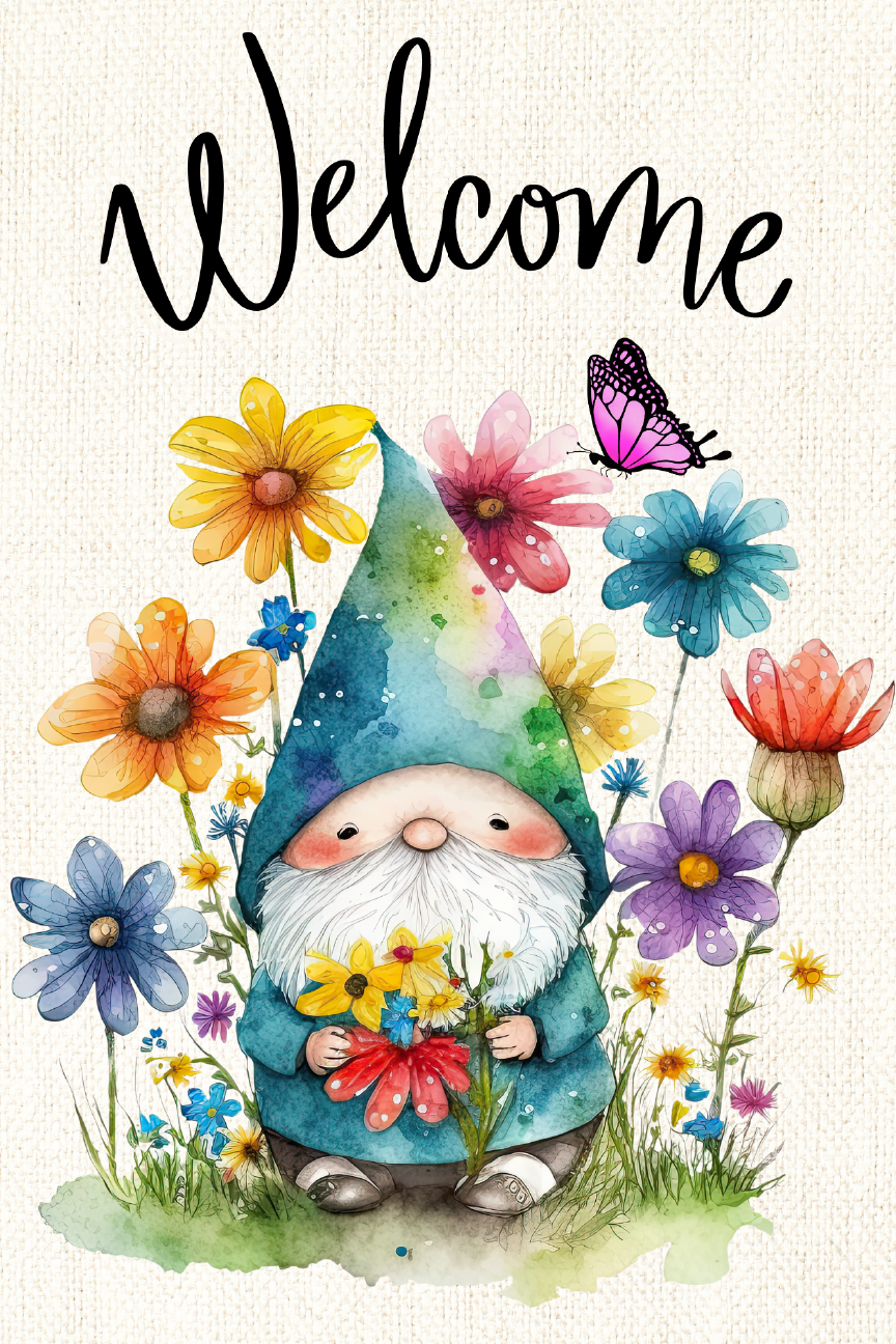 Spring Gnome Print Shop Garden Flag  - UV Printed For Outdoor Yard Decor