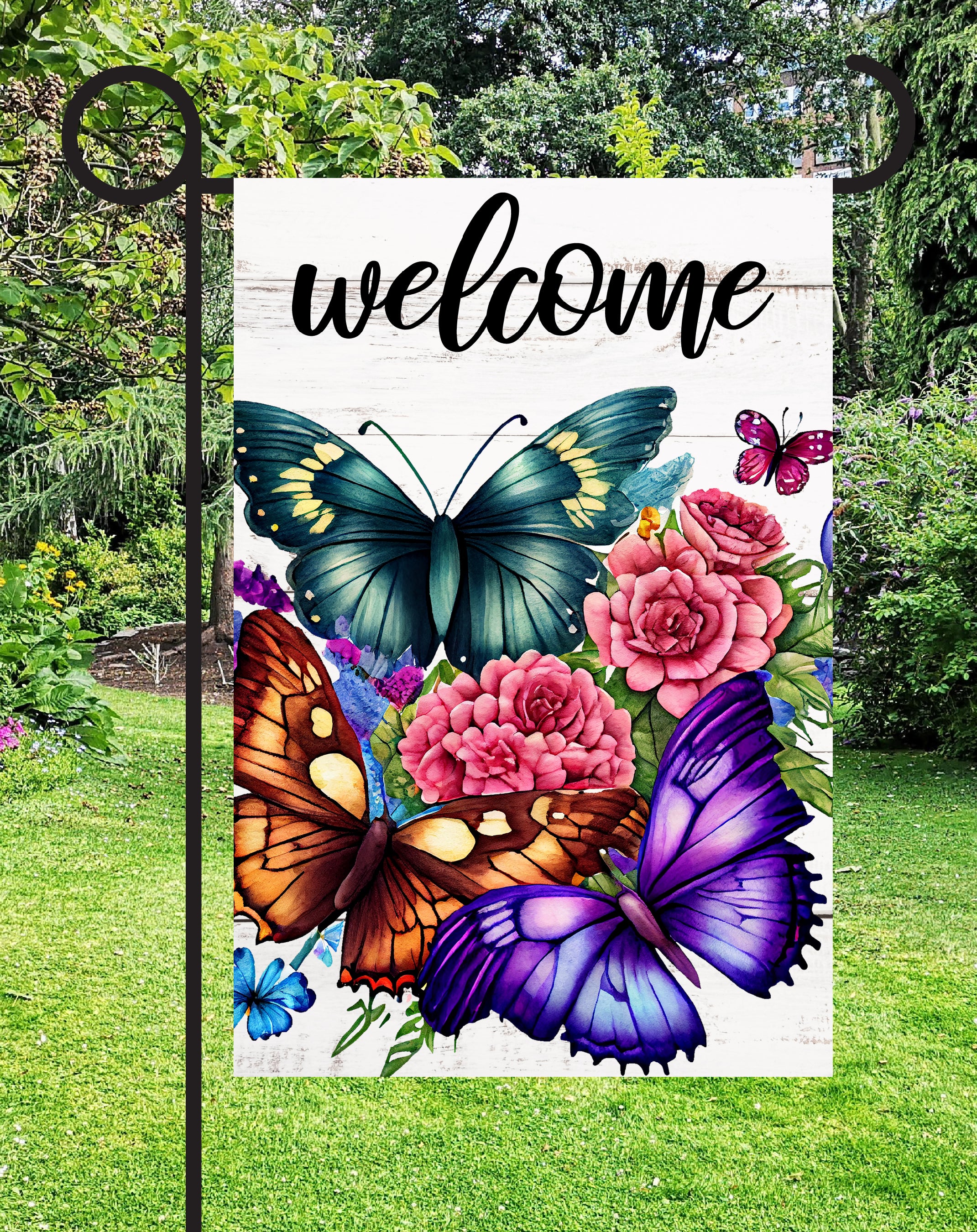 Butterfly Welcome Print Shop Garden Flag  - UV Printed For Outdoor Yard Decor