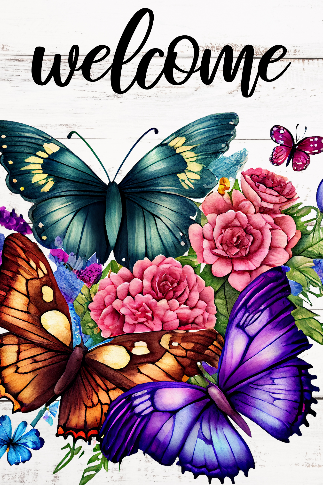 Butterfly Welcome Print Shop Garden Flag  - UV Printed For Outdoor Yard Decor