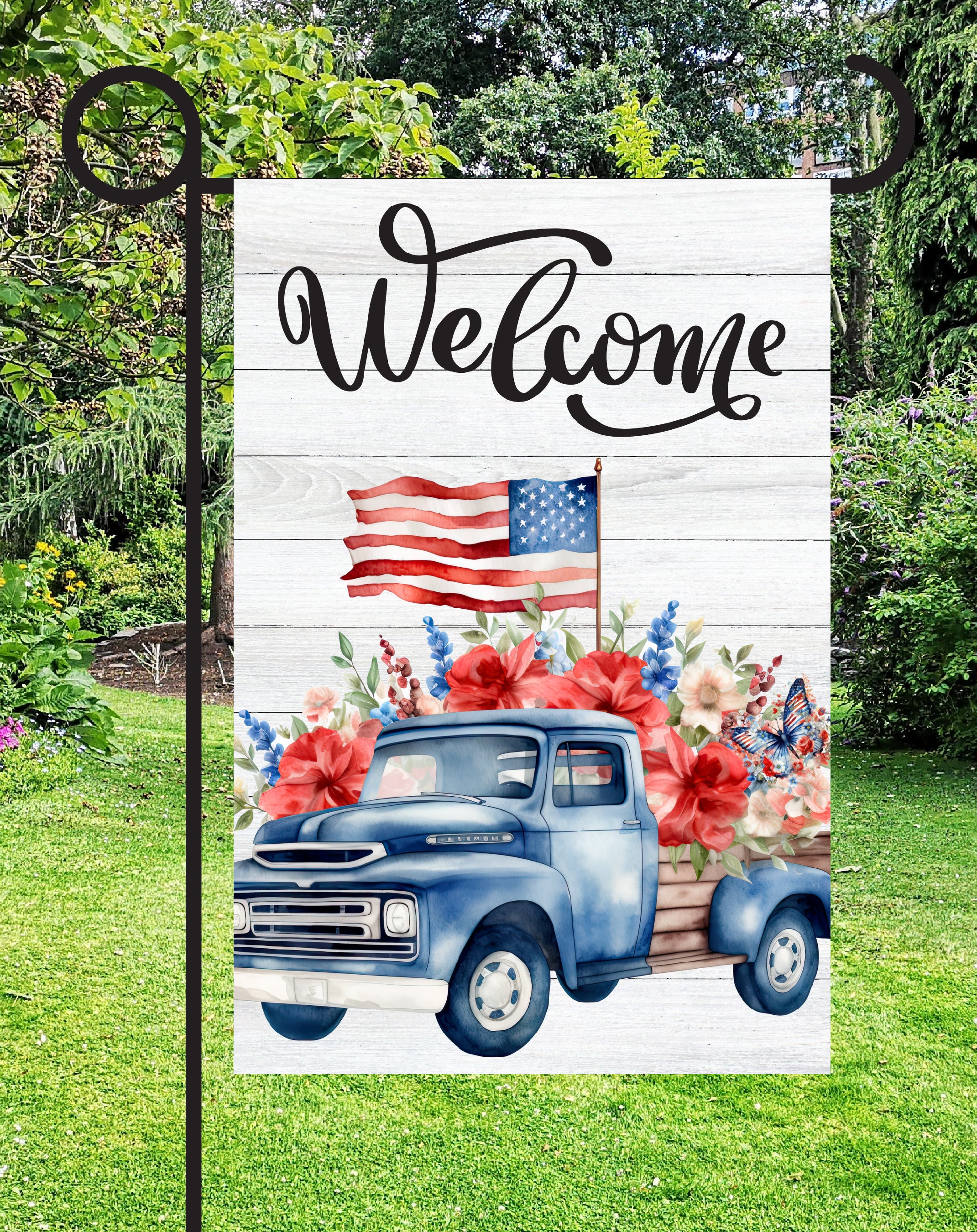 Patriotic Welcome Print Shop Garden Flag  - UV Printed For Outdoor Yard Decor