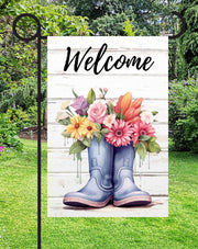 Welcome Floral Rain Boots Print Shop Garden Flag  - UV Printed For Outdoor Yard Decor