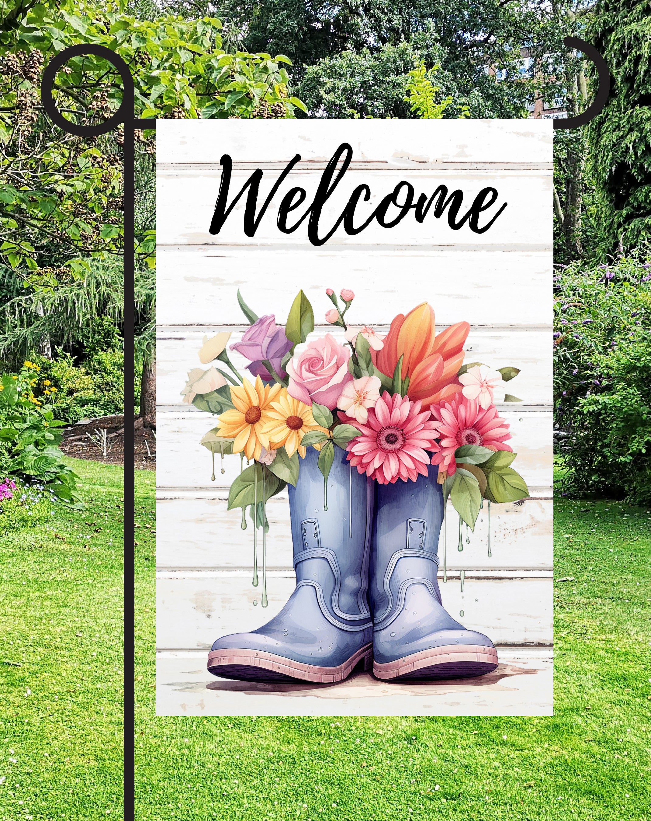 Welcome Floral Rain Boots Print Shop Garden Flag  - UV Printed For Outdoor Yard Decor
