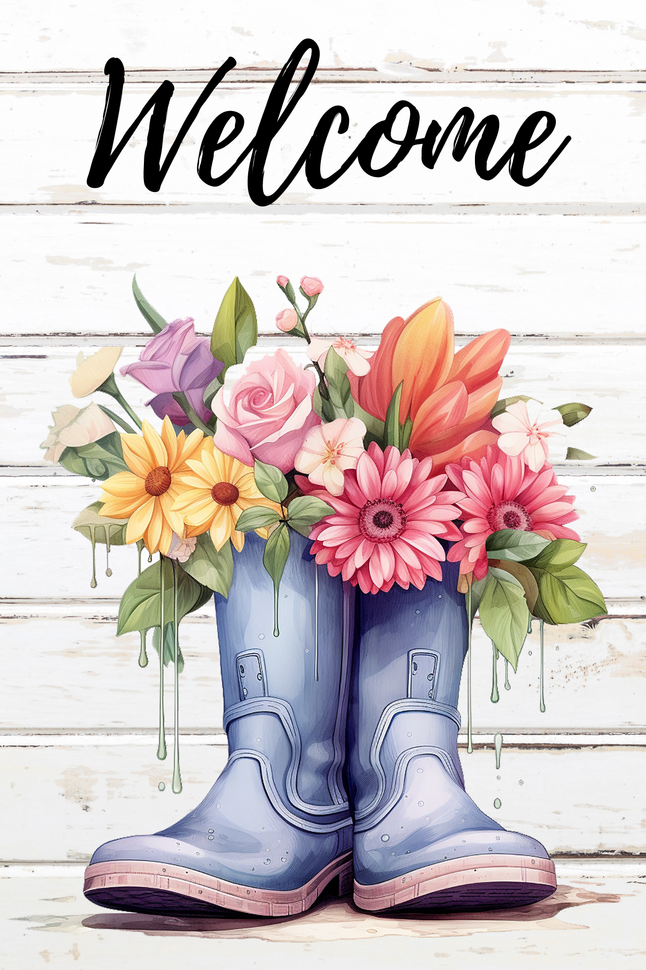 Welcome Floral Rain Boots Print Shop Garden Flag  - UV Printed For Outdoor Yard Decor