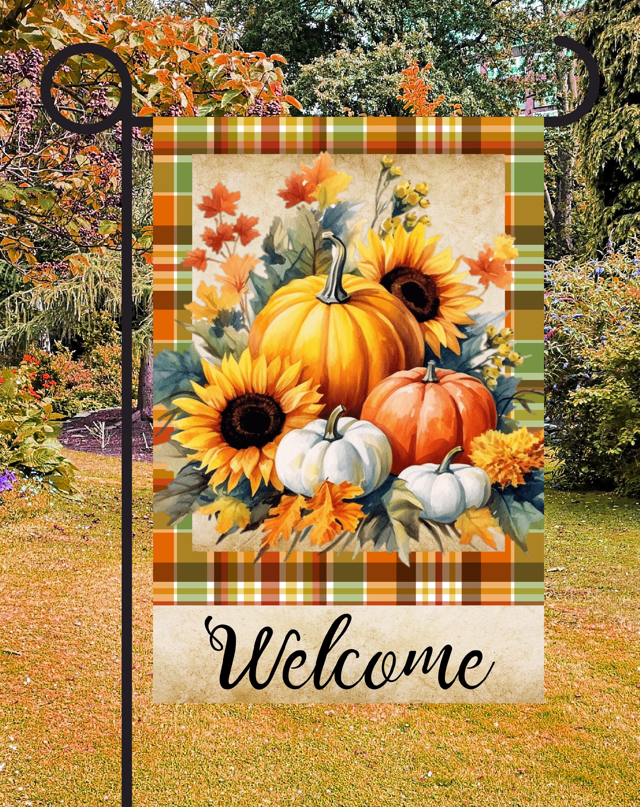 Welcome Fall Pumpkin Print Shop Garden Flag  - UV Printed For Outdoor Yard Decor