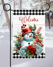 Winter Snowman Cardinal Print Shop Garden Flag  - UV Printed For Outdoor Yard Decor
