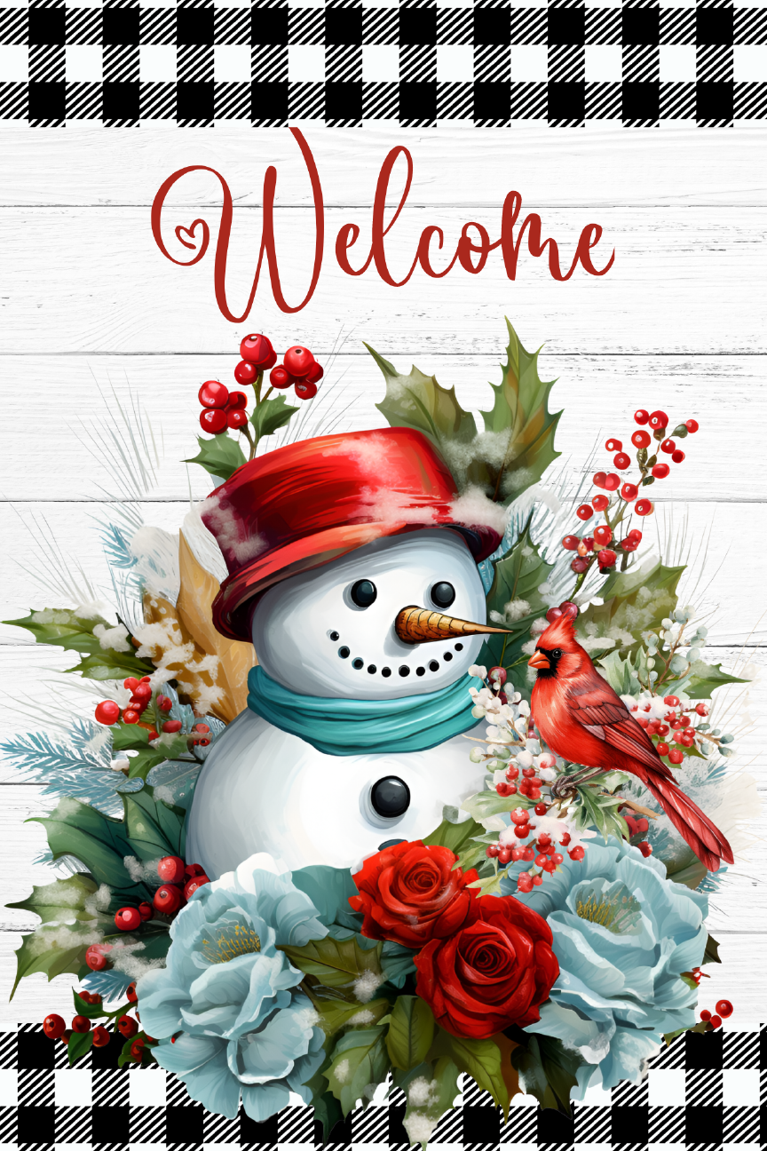 Winter Snowman Cardinal Print Shop Garden Flag  - UV Printed For Outdoor Yard Decor
