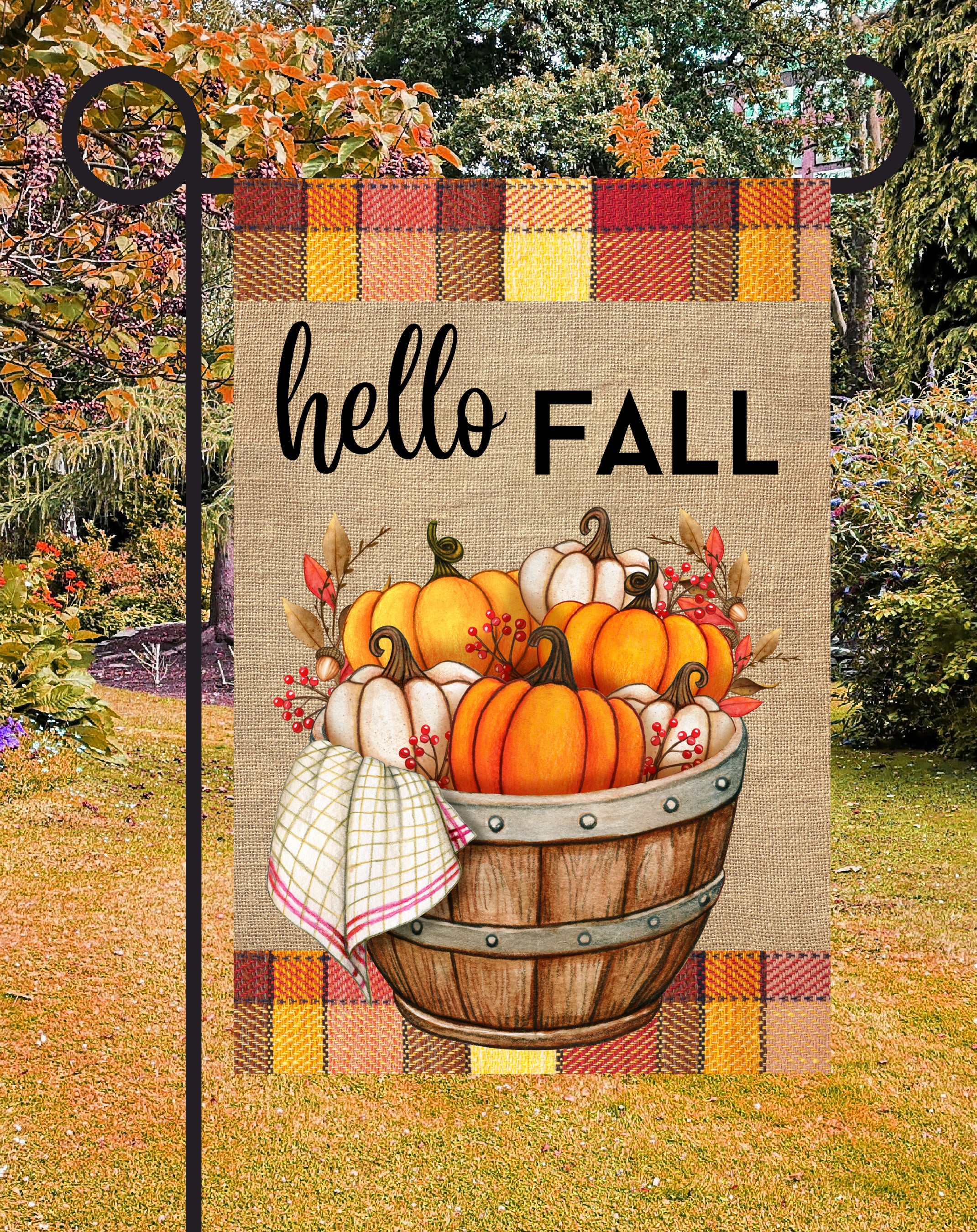 Hello Fall Pumpkin Print Shop Garden Flag  - UV Printed For Outdoor Yard Decor