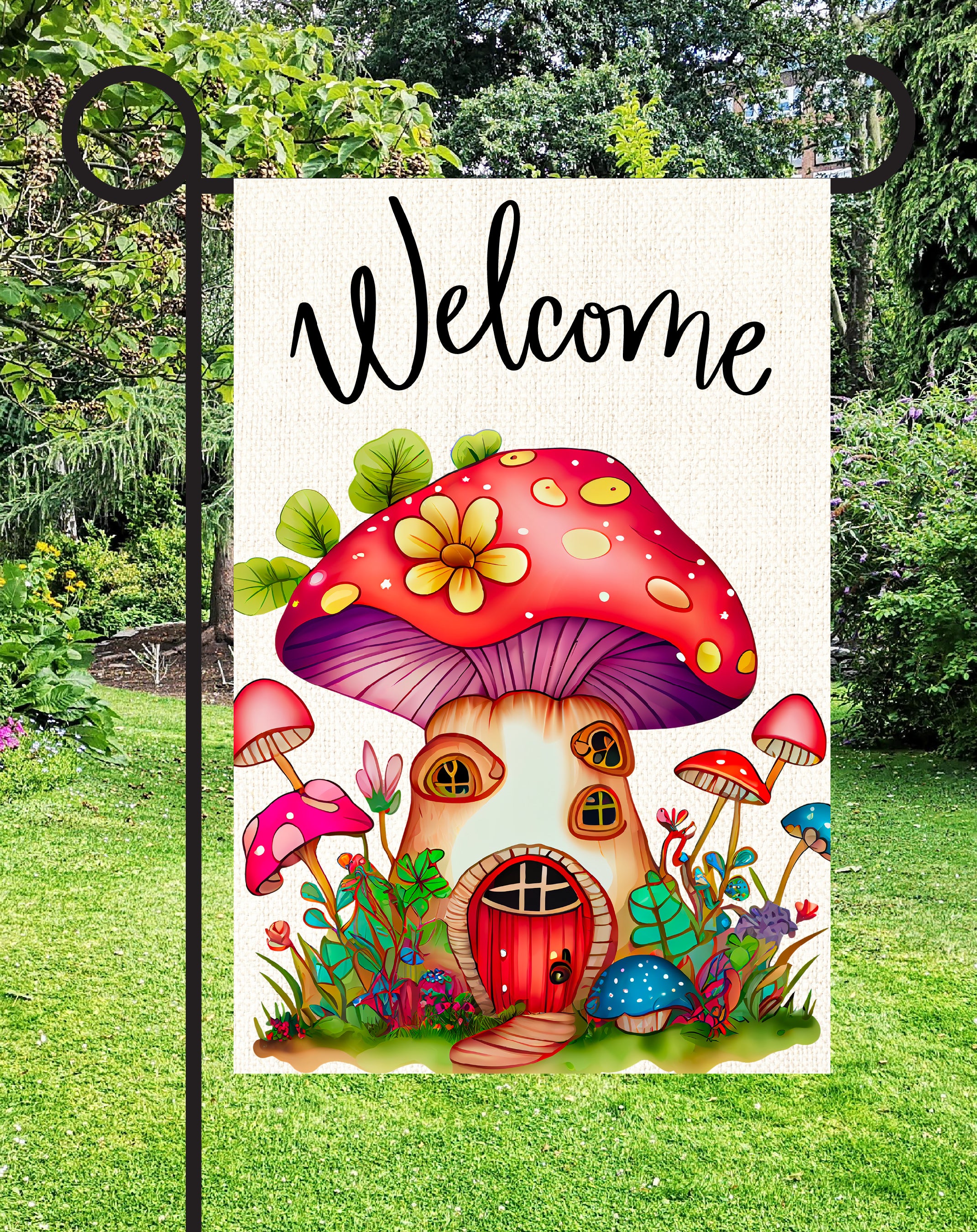 Whimsical Mushroom Print Shop Garden Flag  - UV Printed For Outdoor Yard Decor