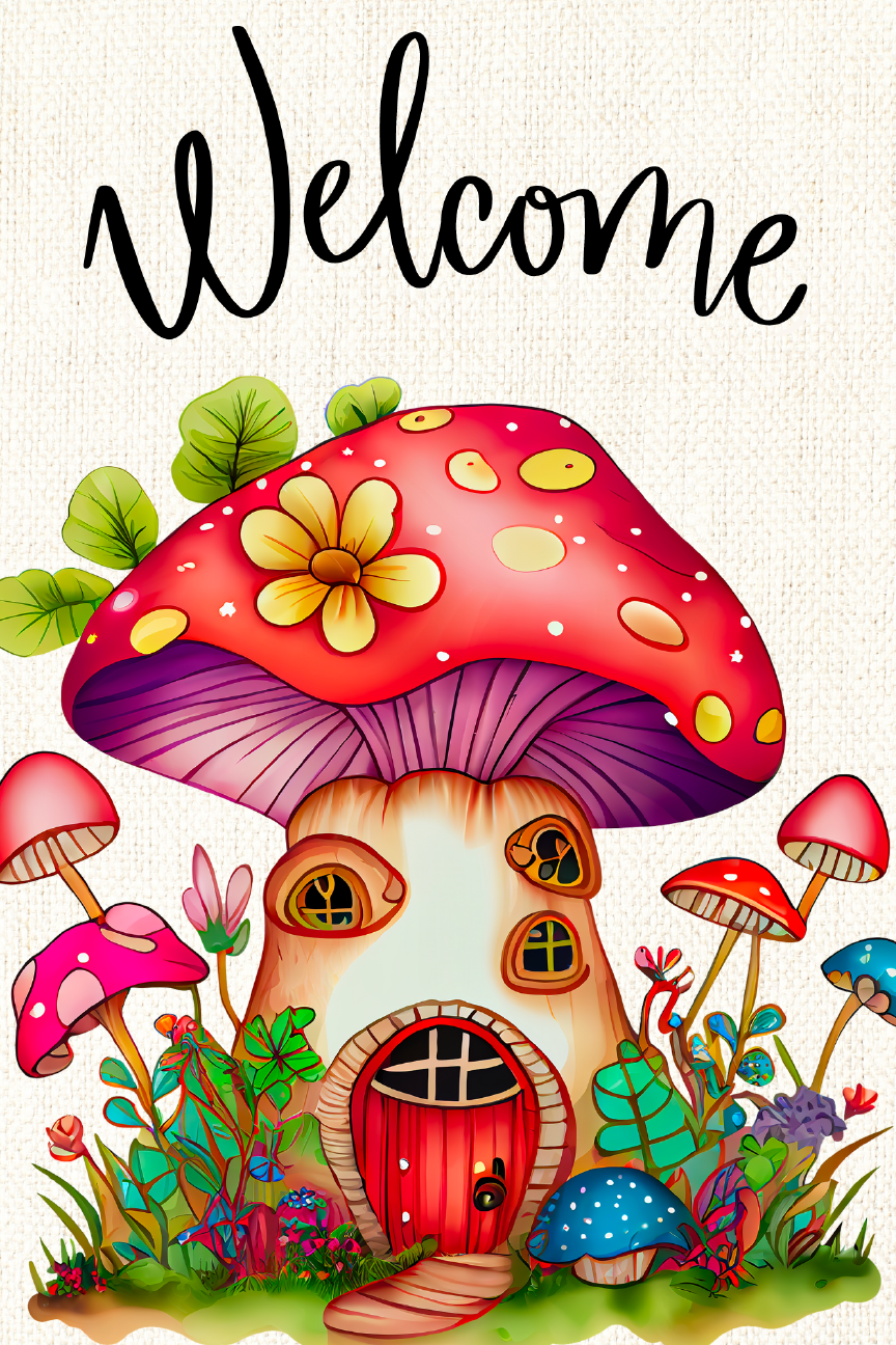 Whimsical Mushroom Print Shop Garden Flag  - UV Printed For Outdoor Yard Decor