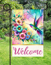 Colorful Hummingbird Welcome Print Shop Garden Flag  - UV Printed For Outdoor Yard Decor