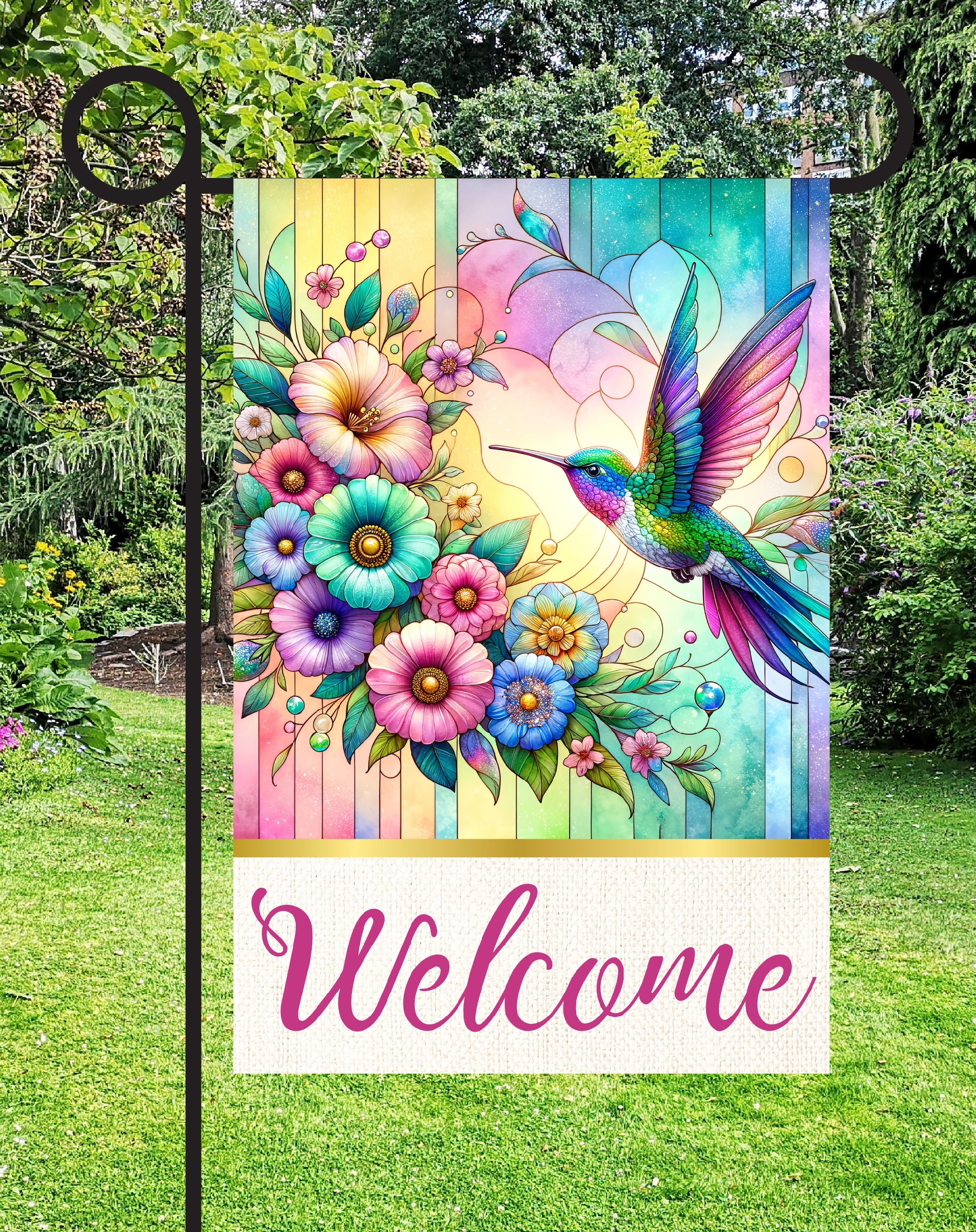 Colorful Hummingbird Welcome Print Shop Garden Flag  - UV Printed For Outdoor Yard Decor