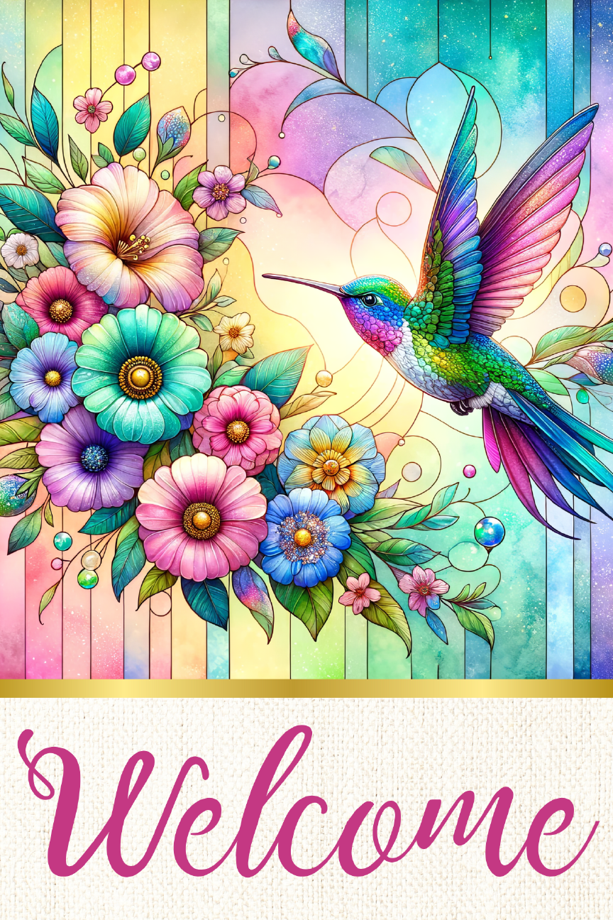 Colorful Hummingbird Welcome Print Shop Garden Flag  - UV Printed For Outdoor Yard Decor