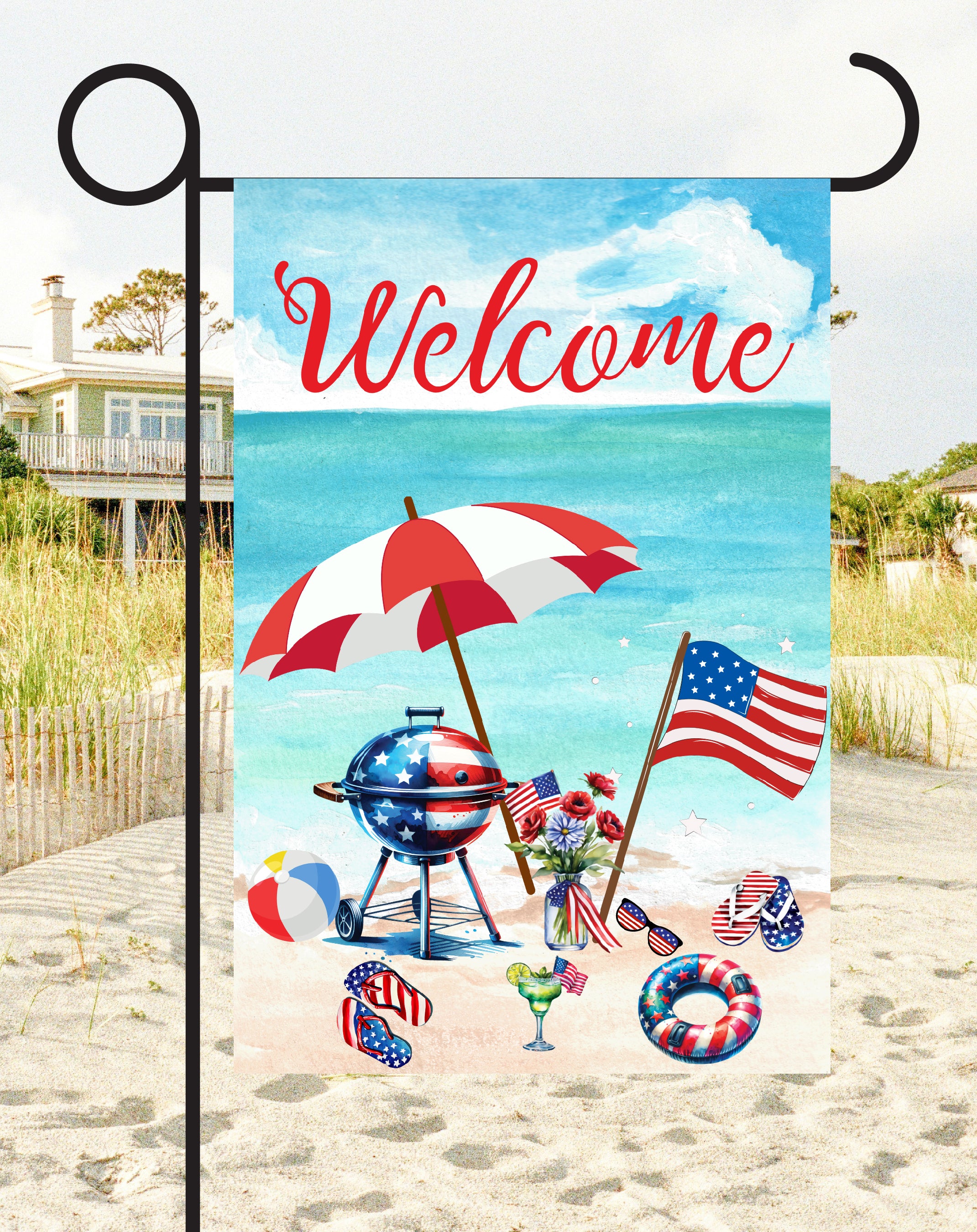 Welcome Patriotic Beach Print Shop Garden Flag  - UV Printed For Outdoor Yard Decor