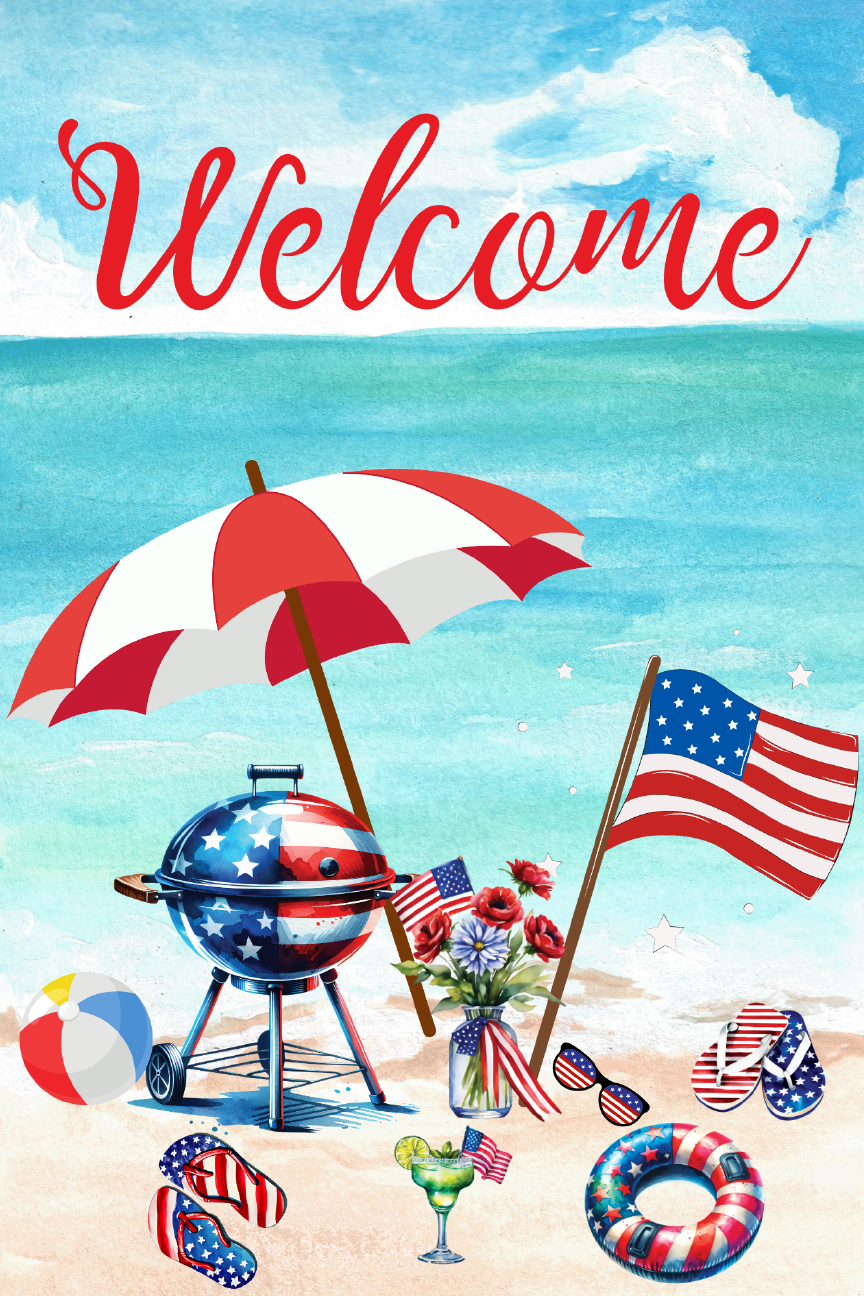 Welcome Patriotic Beach Print Shop Garden Flag  - UV Printed For Outdoor Yard Decor