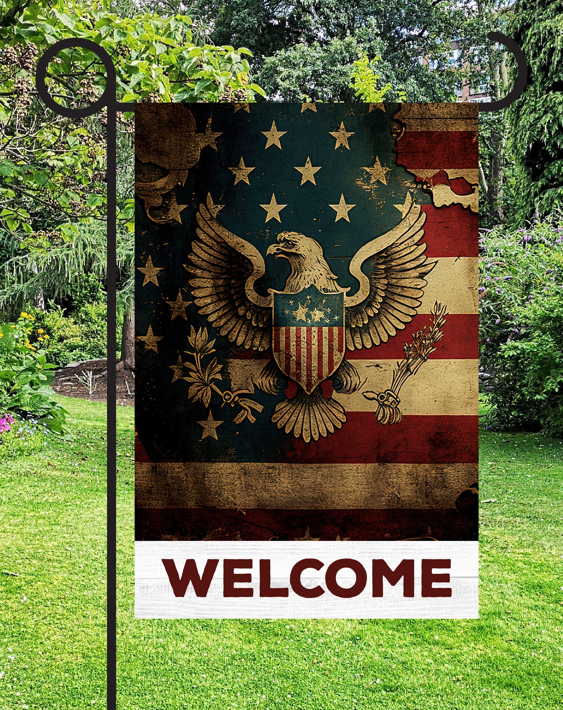 Vintage Patriotic Eagle Welcome Print Shop Garden Flag  - UV Printed For Outdoor Yard Decor