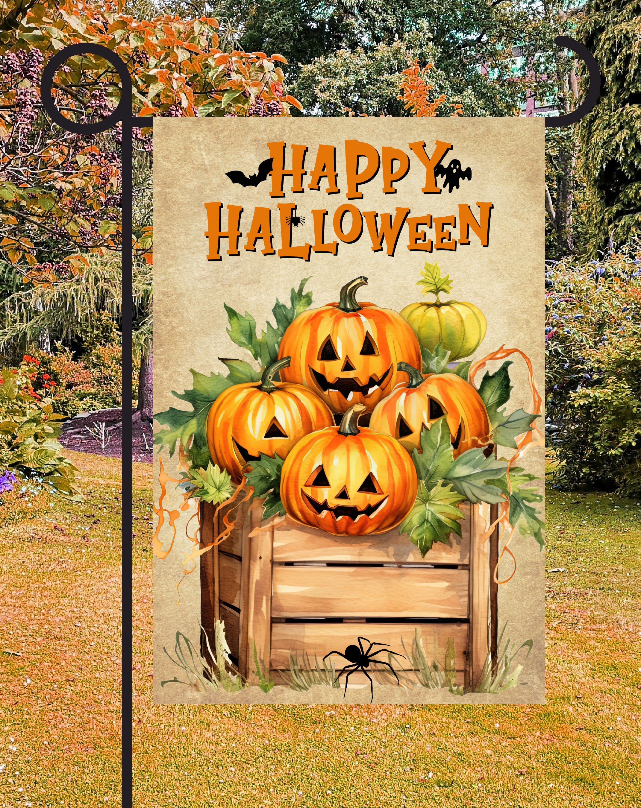 Happy Halloween Print Shop Garden Flag  - UV Printed For Outdoor Yard Decor