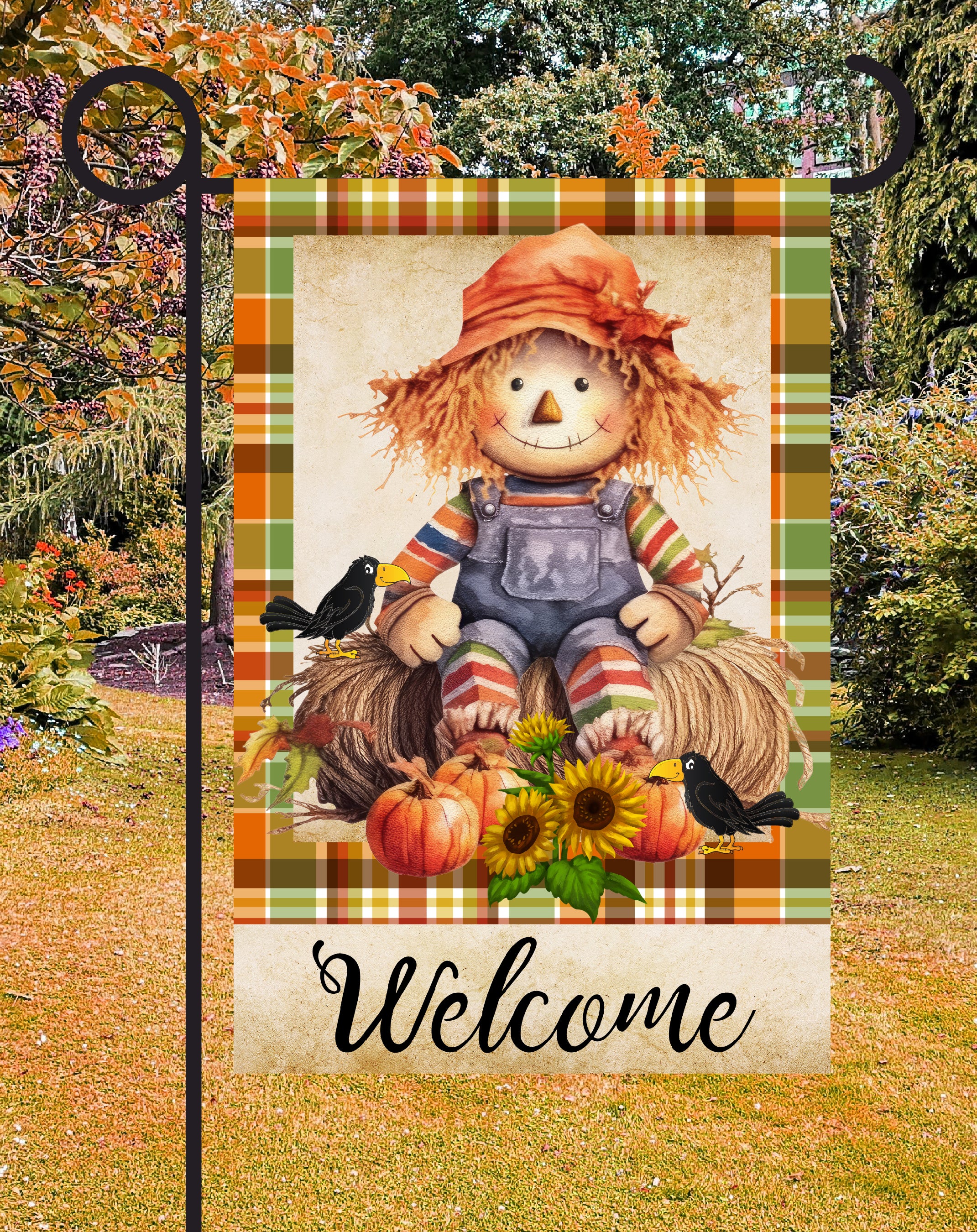 Welcome Scarecrow Print Shop Garden Flag  - UV Printed For Outdoor Yard Decor