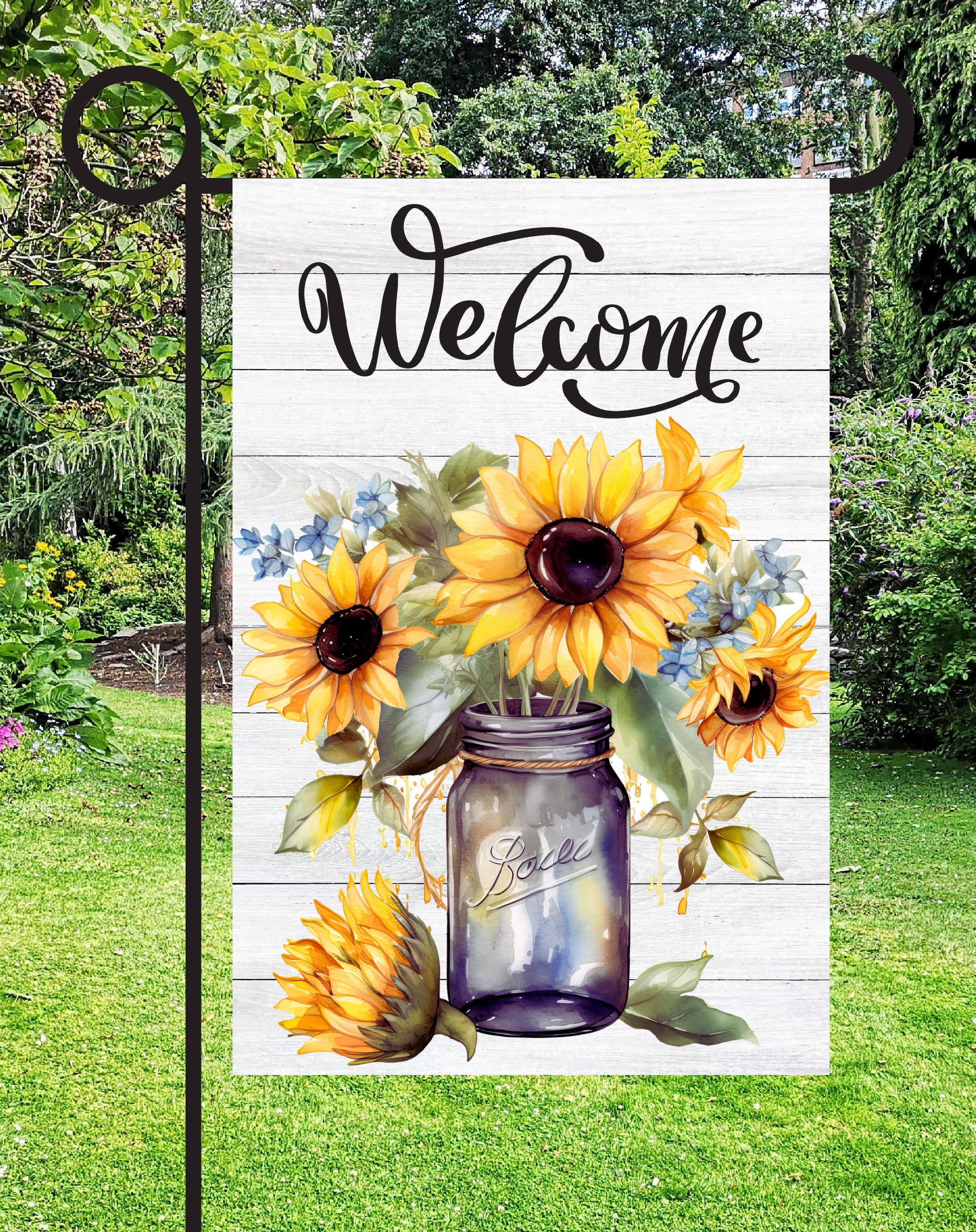 Sunflower Mason Jar Welcome Print Shop Garden Flag  - UV Printed For Outdoor Yard Decor