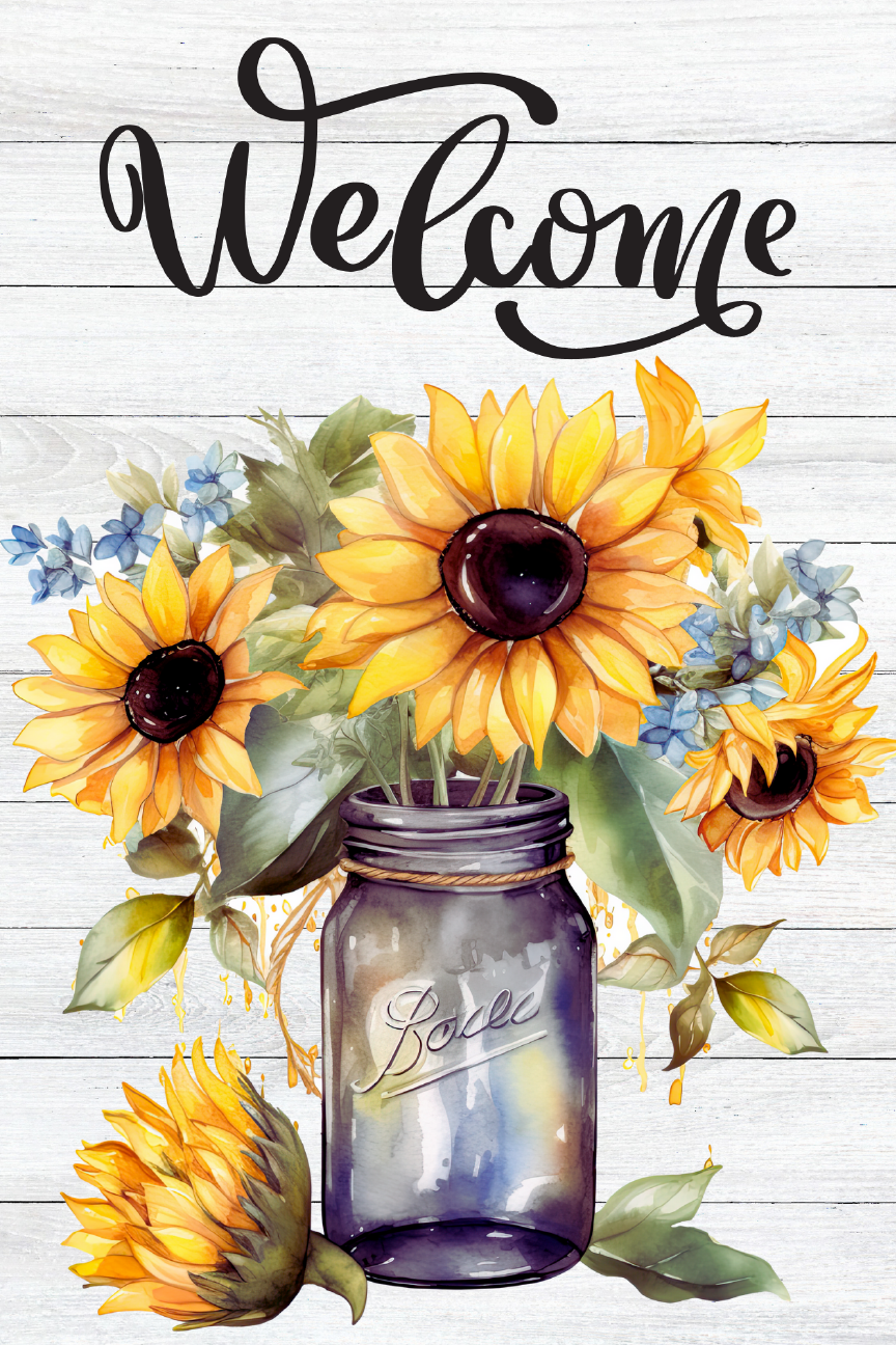 Sunflower Mason Jar Welcome Print Shop Garden Flag  - UV Printed For Outdoor Yard Decor
