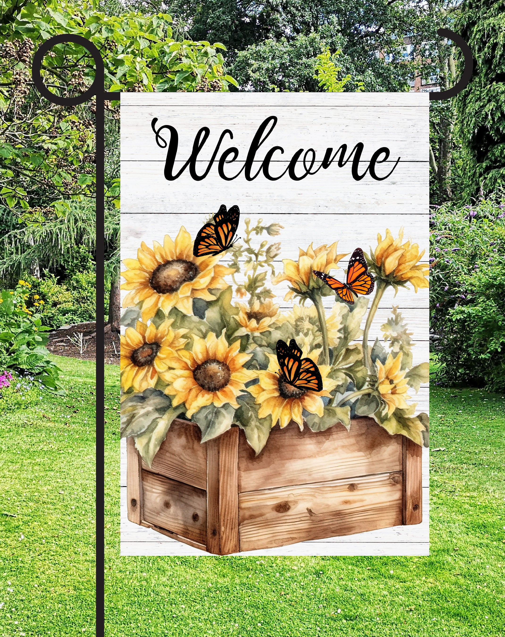 Sunflower Welcome Print Shop Garden Flag  - UV Printed For Outdoor Yard Decor